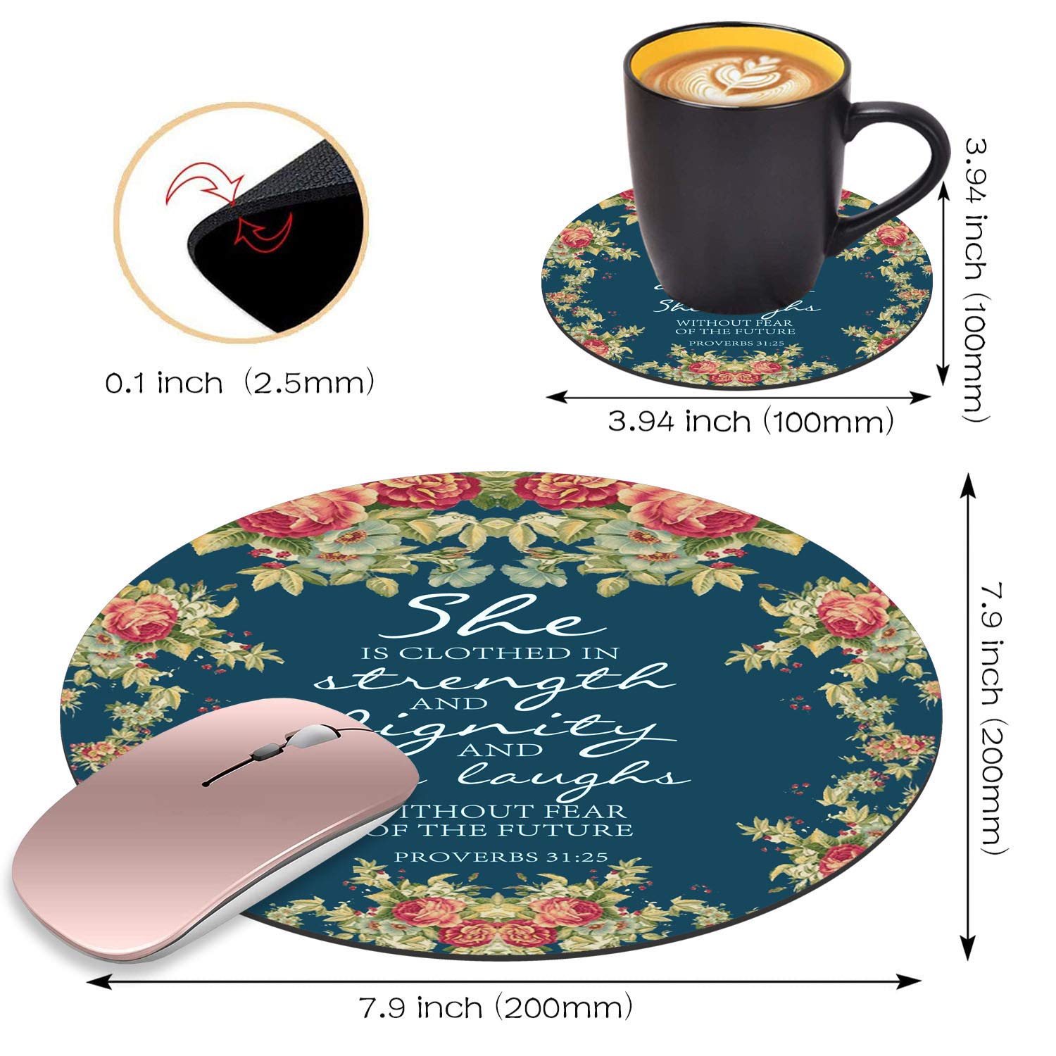 Floral Christian Bible Verse Mouse Pad Set - Non-Slip Round Gaming Mousepad with Coasters Featuring Proverbs 31:25 Design for Computer & Laptop - Perfect for Home Office, Gaming Setup, and Bible Study Workspace