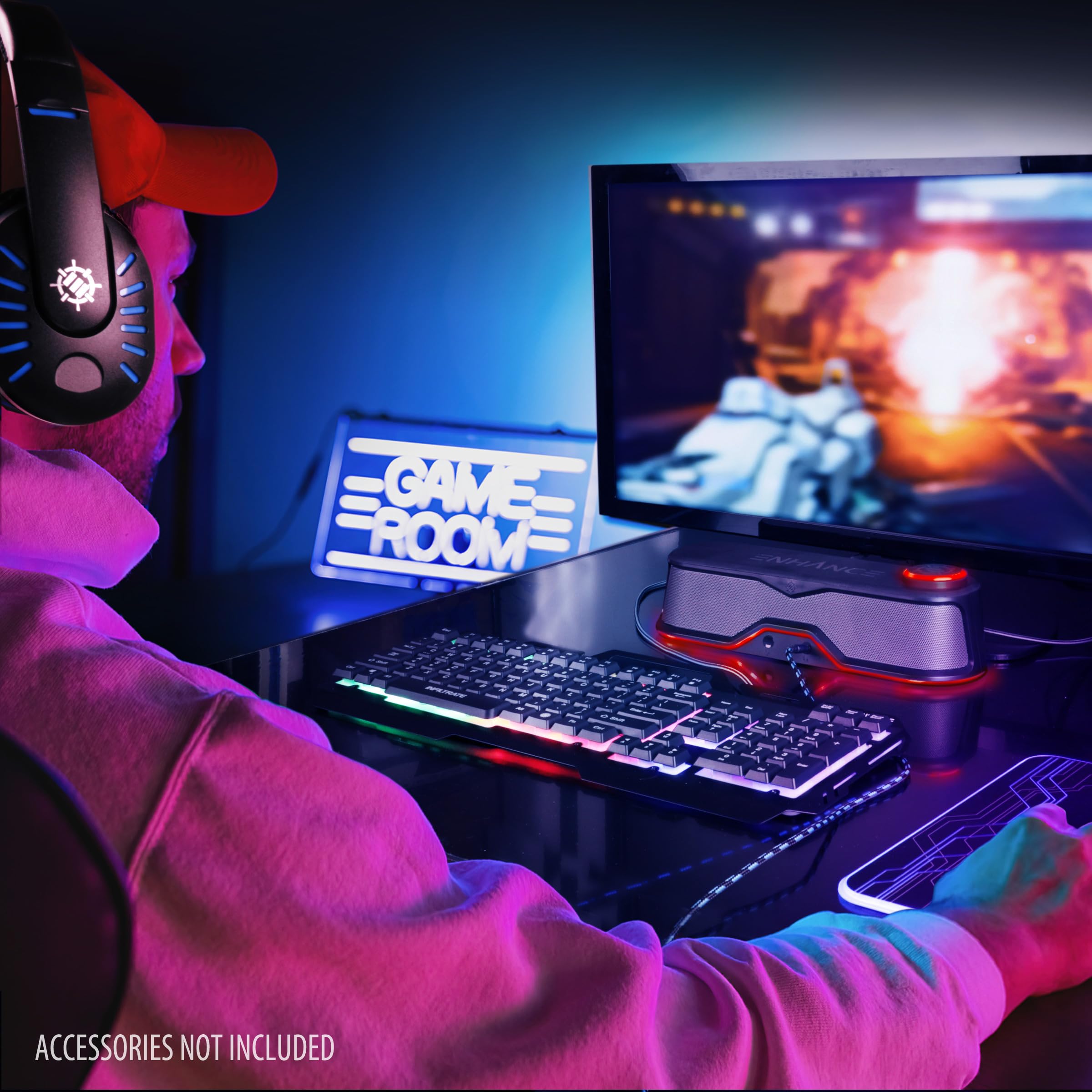 ENHANCE SB1 USB-Powered Computer Soundbar - 10W Peak Under Monitor Speaker with LED Volume Control & Headset Pass-Through | Gaming & Home Office Audio for PC, Laptop, Streaming & Music
