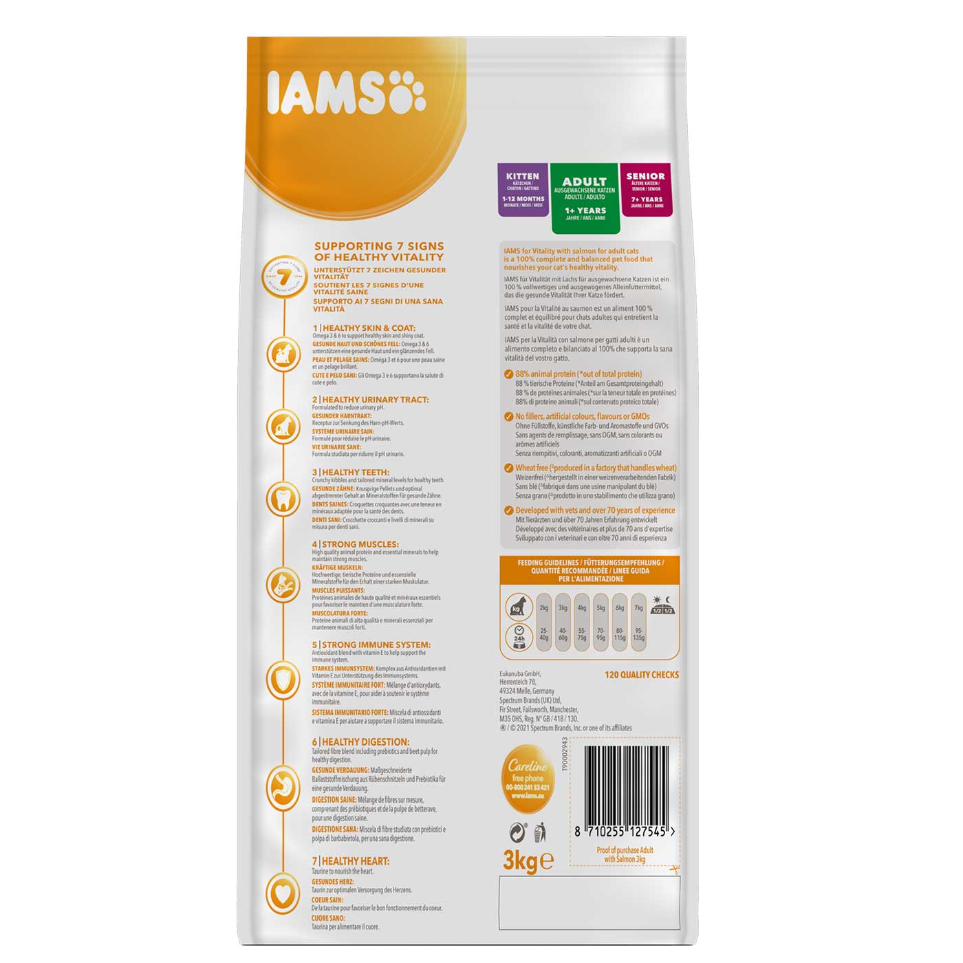 IAMS Vitality Adult Dry Cat Food with Real Salmon - High Protein & Nutrient-Rich Kibble for Indoor & Outdoor Cats | Supports Healthy Digestion & Shiny Coat