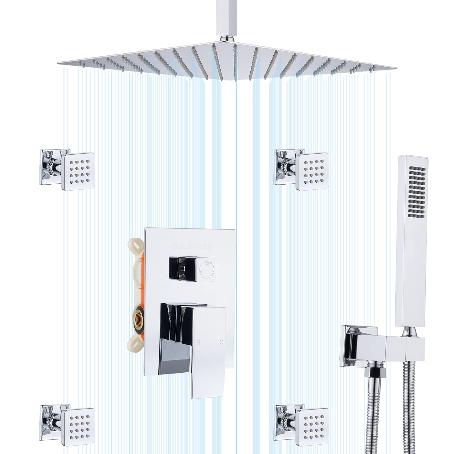 Premium 12 Inch Chrome Ceiling Mounted Rainfall Shower System with Adjustable Body Sprays - Complete Luxury Shower Faucet Set for Spa-Like Bathroom Experience | Perfect for Master Bathrooms & Modern Home Renovations