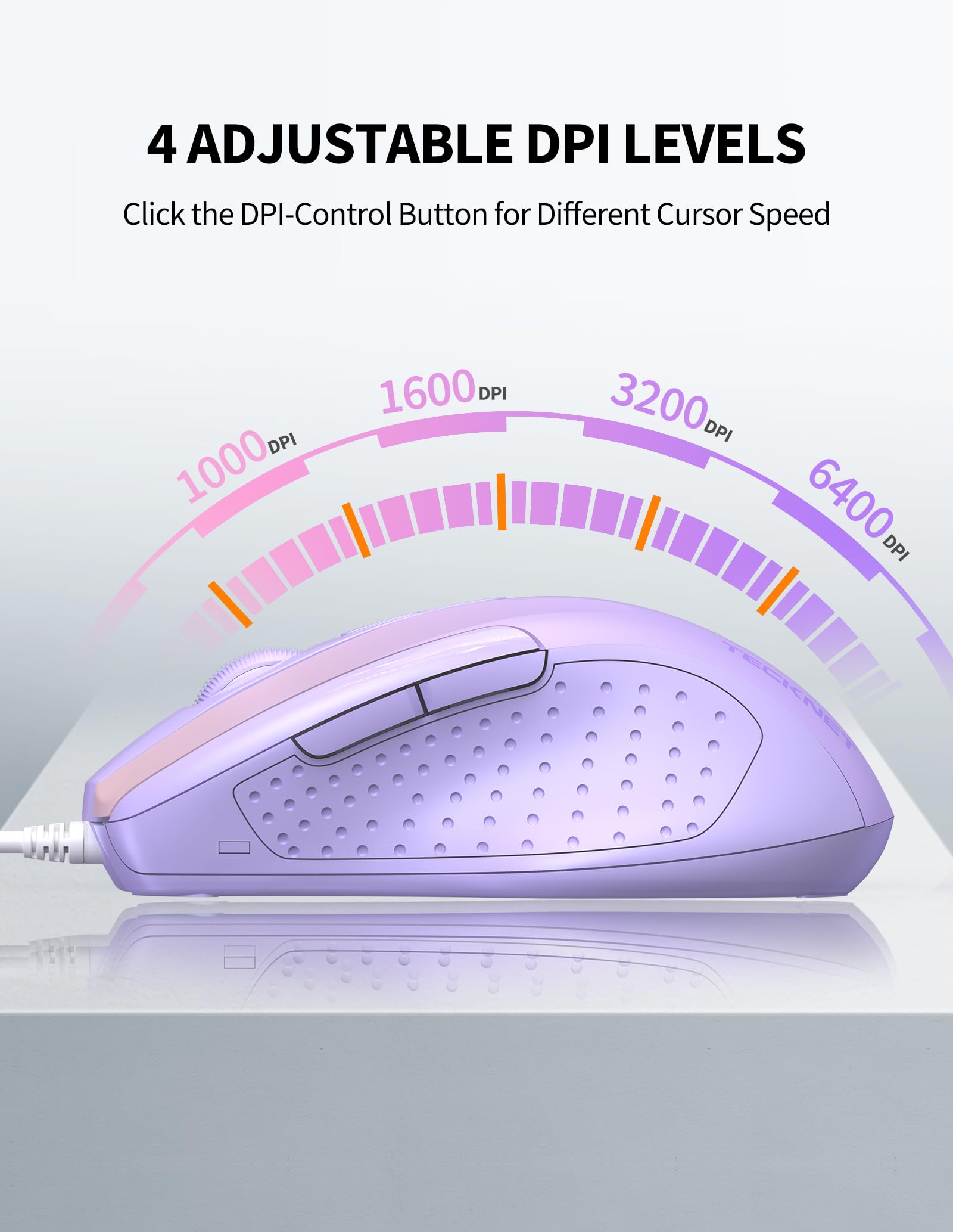TECKNET USB Wired Mouse - 6-Button Ergonomic Optical Mouse with 4 Adjustable DPI (800/1200/1600/2400), 5FT Cord for Laptop, PC, Mac, Chromebook - Comfortable Computer Mouse for Office Work, Gaming & Home Use - Gradient Lavender
