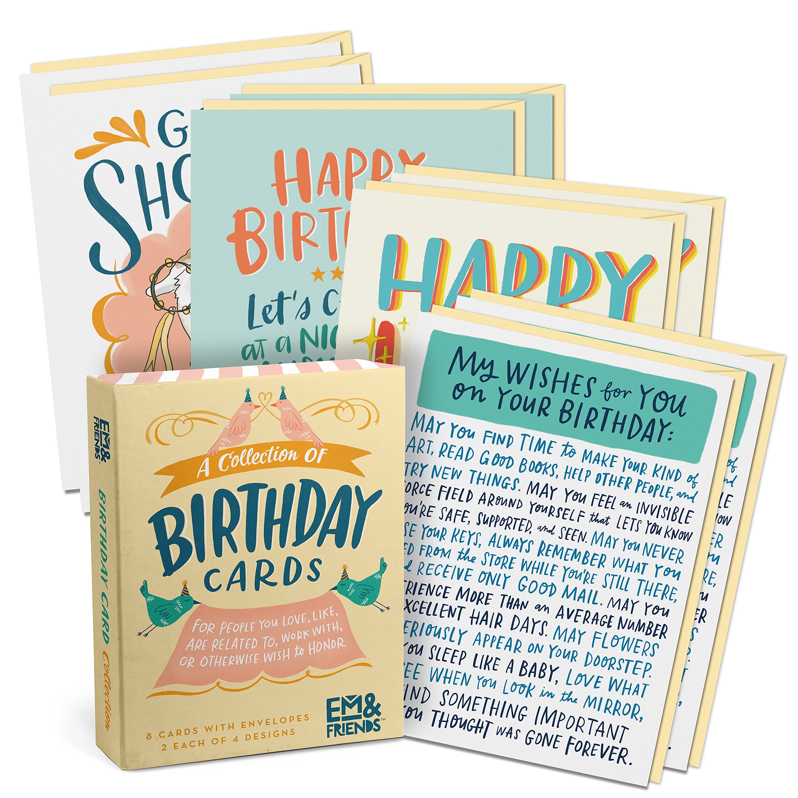 Em & Friends Happy Birthday Greeting Cards Set - 8 Blank Inside Illustrated Cards (4 Assorted Designs, 2 Each) for Birthday Wishes & Celebrations | Perfect for Parties, Gifts & Special Occasions