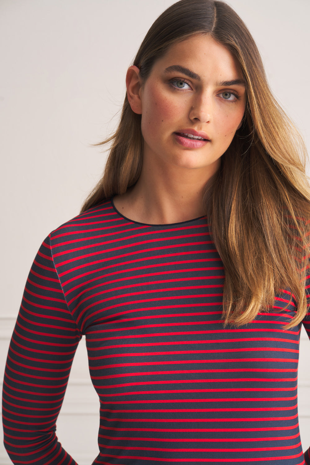 Long Sleeve Crew Neck T-Shirt - Red & Navy Striped Cotton Top for Men & Women | Casual Wear, Layering, Office Outfits