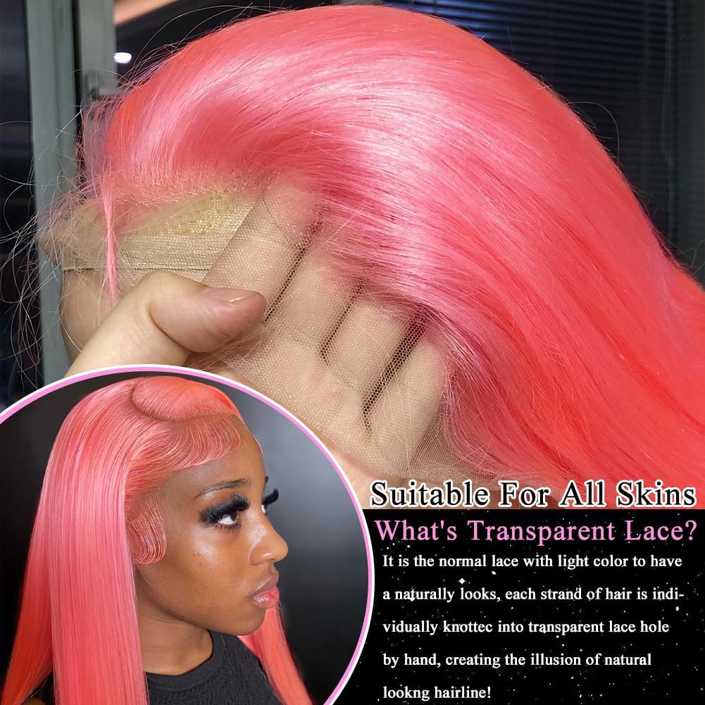 LZGYE 13x4 HD Lace Front Wig - 150% Density 22 Inch Pink Straight Human Hair Wig with Baby Hair & Transparent Lace | Colored Closure for Women | Perfect for Cosplay, Parties & Daily Styling