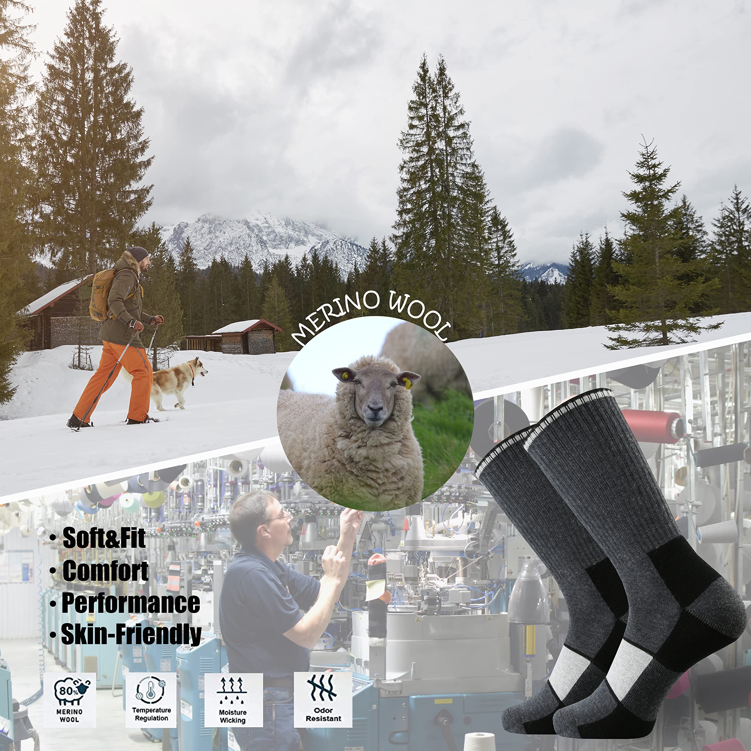 Ortis Men's Merino Wool Cushion Crew Socks - Moisture Wicking, Lightweight & Breathable for Hiking, Cycling & Outdoor Activities - Perfect for Trail Running, Camping & Winter Sports