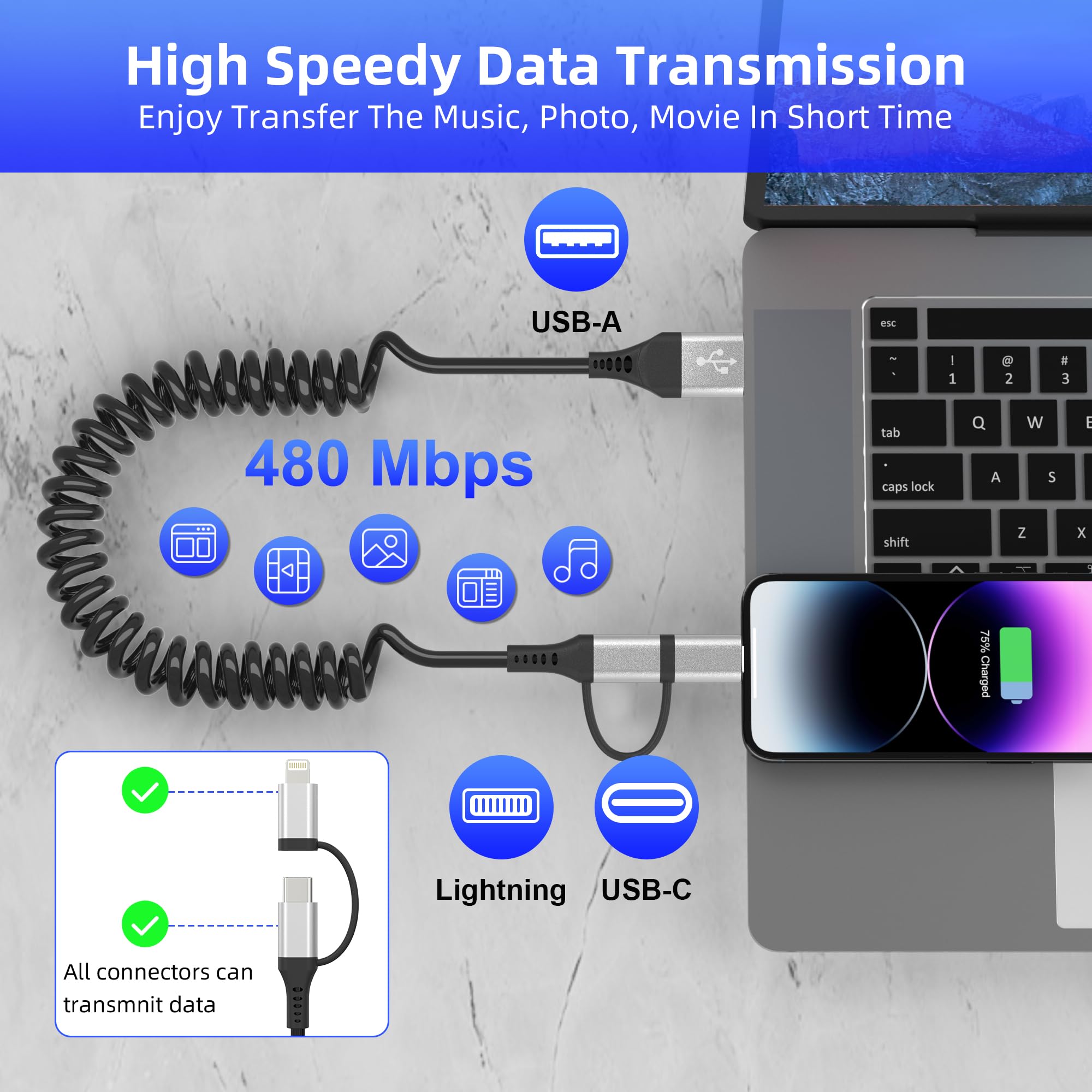 2-in-1 USB to USB-C & Lightning Coiled Cable - MFi Certified Fast Charging & Data Sync (3A) for iPhone 15/14/13/12 & Android - CarPlay & Android Auto Compatible - Perfect for Car Charging & Home/Office Use - Silver