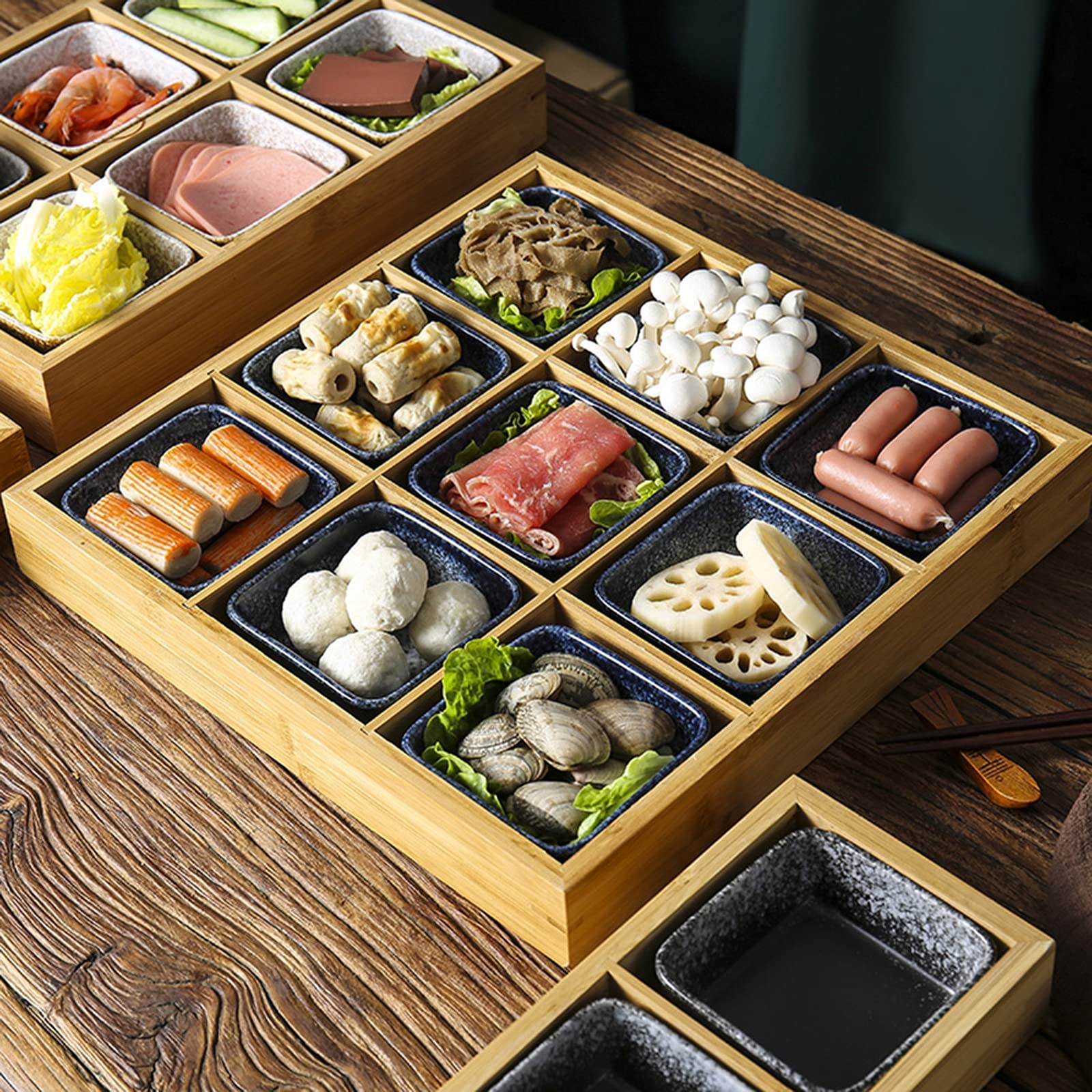 AIZYR Ceramic Snack Serving Platter with Wooden Tray - Elegant Sushi Appetizer Display Plate for Home, Restaurant & Party Use - Perfect for Entertaining, Hors d'Oeuvres & Charcuterie Boards
