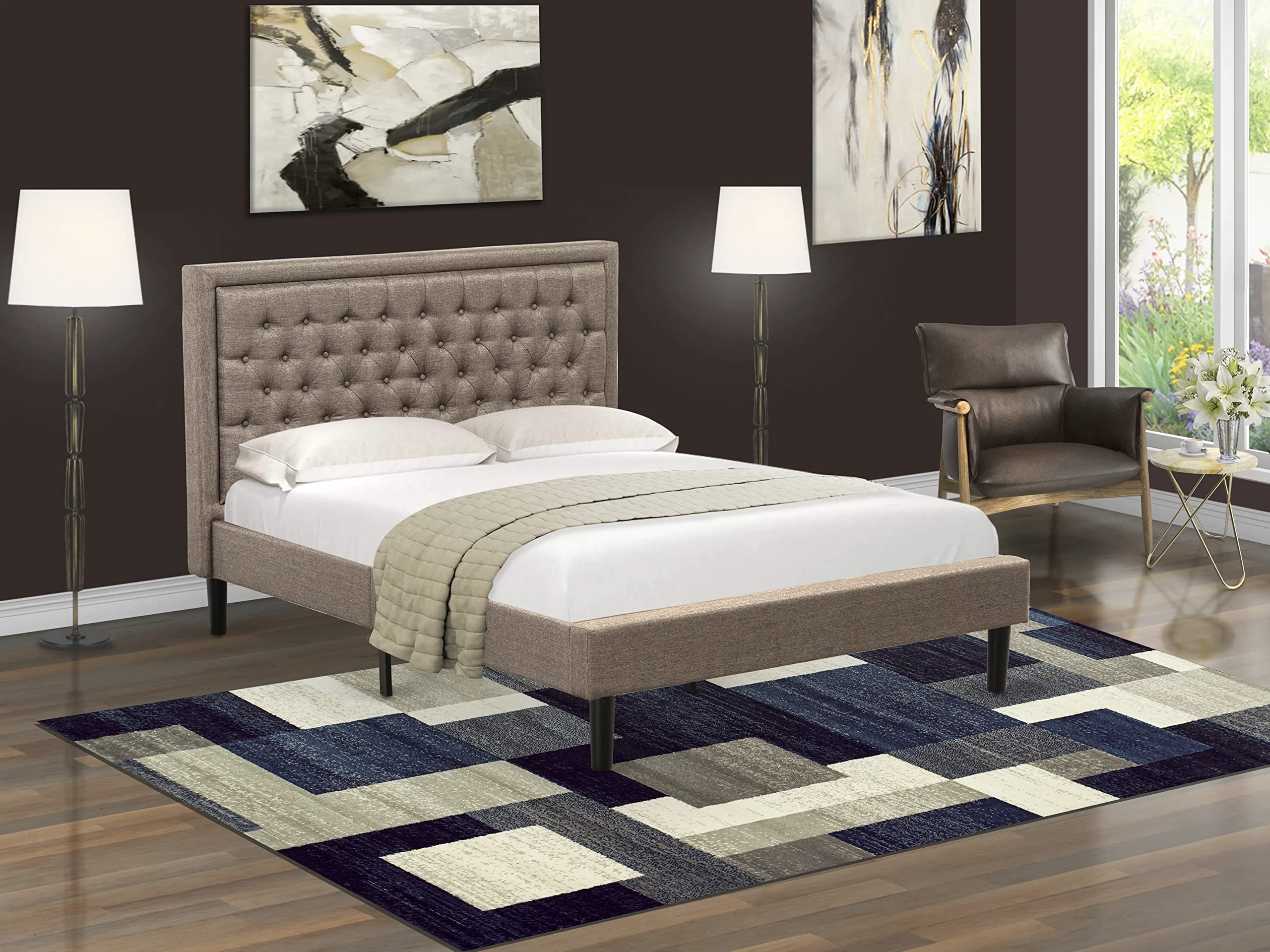 East West Furniture KDF-16-Q Queen Size Upholstered Platform Bed with Button Tufted Headboard - Dark Khaki Linen Fabric, Black Legs - Modern Bedroom Furniture for Master Bedroom, Guest Room, Apartment