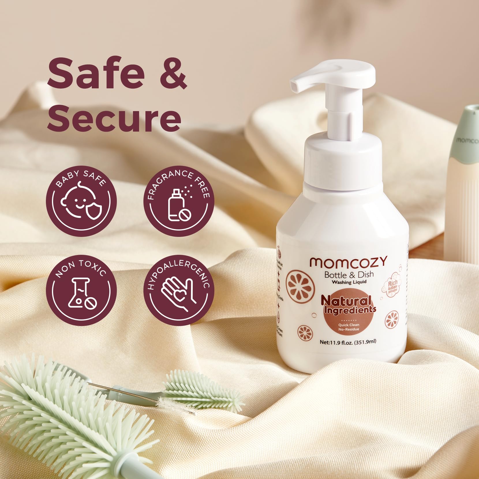 Momcozy Bottle Brush Cleaning Fluid - 11.9oz Natural Foam Cleaner for Baby Bottles, Breast Pump Parts & Pacifiers | Powerful Deep Cleaning Solution for Momcozy Press Foaming Bottle Brush Set | Safe for Infant Feeding Accessories