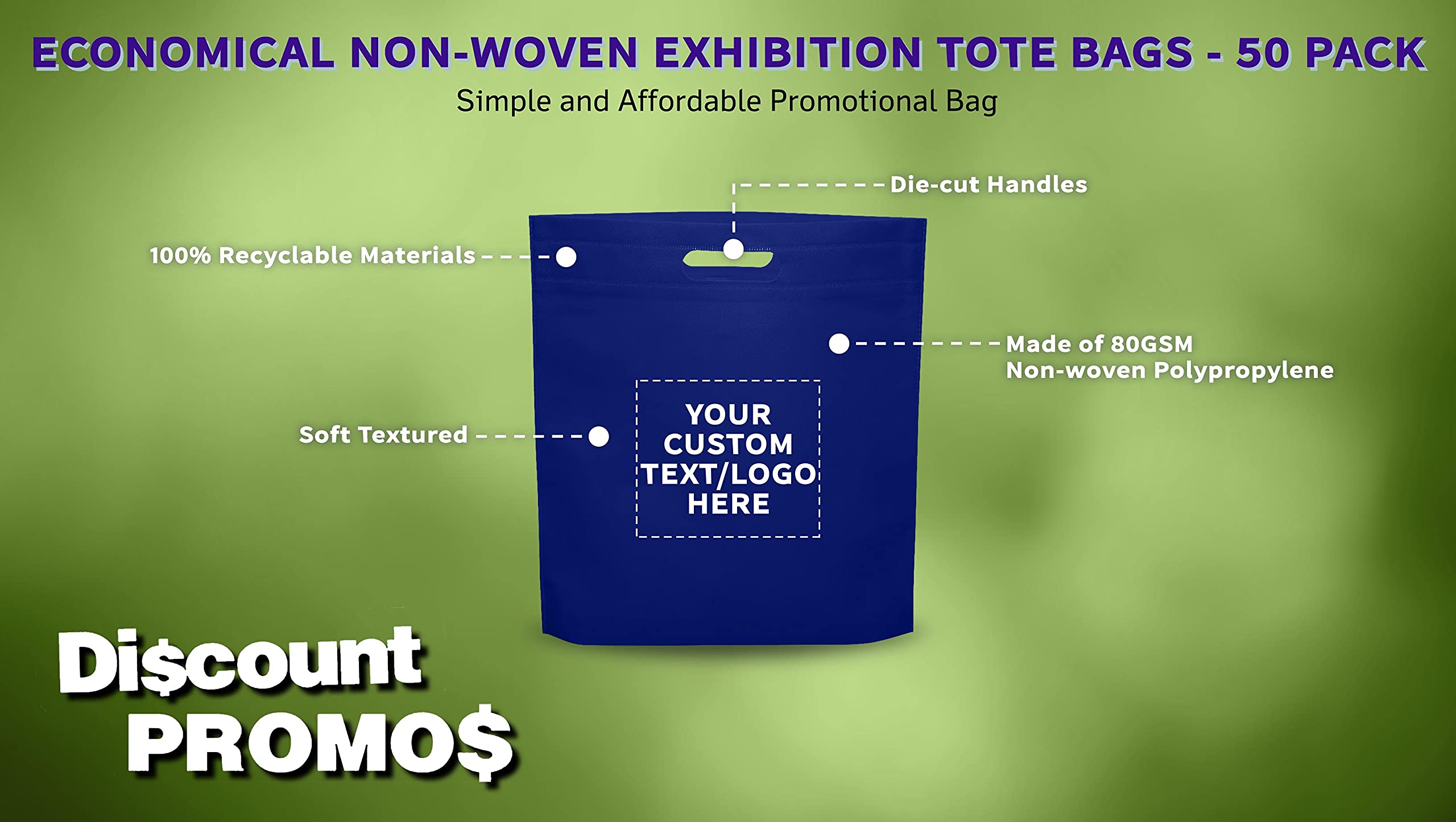 50 Pack Customizable Non-Woven Tote Bags with Die-Cut Handles - Eco-Friendly, Reusable & Soft Exhibition Promotional Bags (15