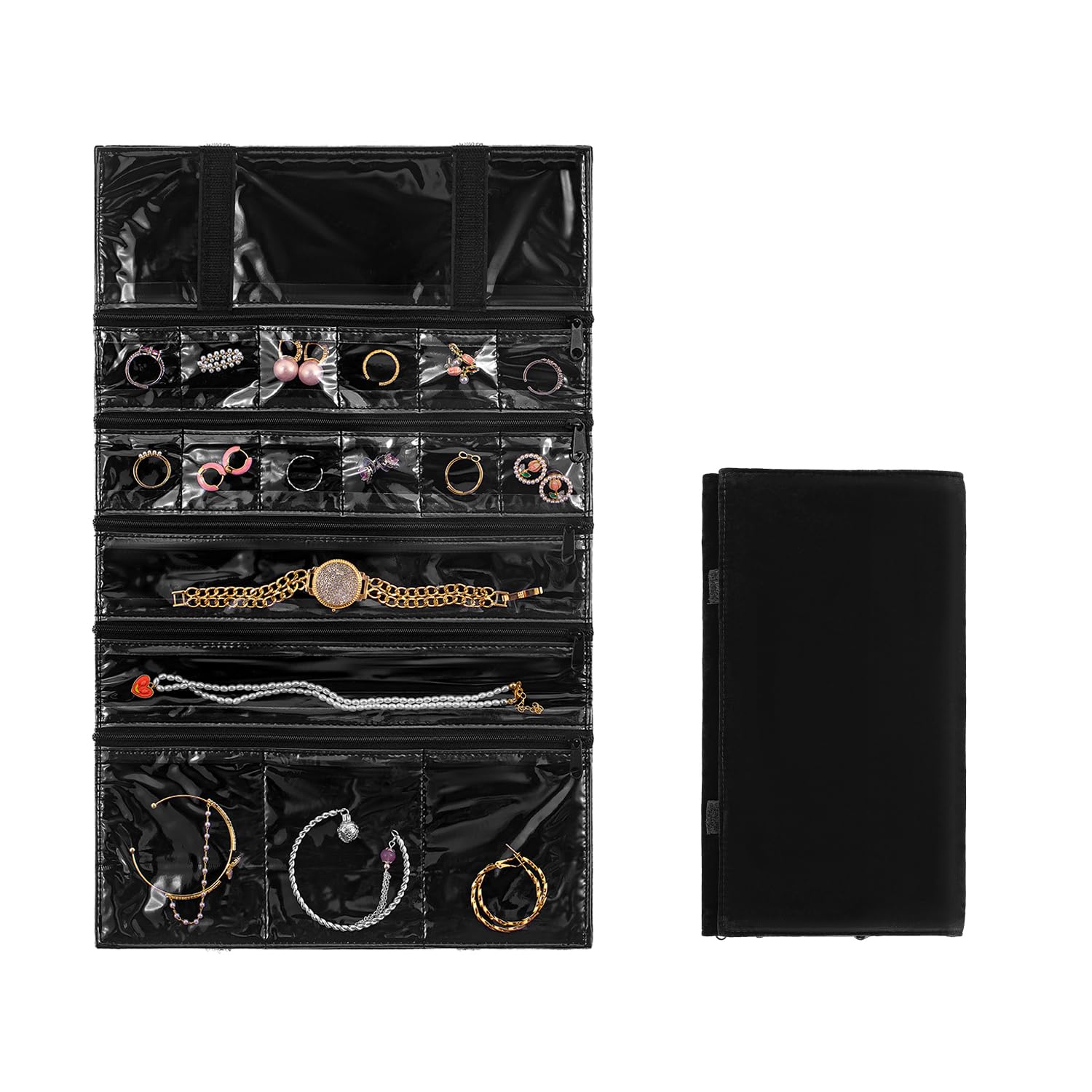 Foldable Travel Jewelry Organizer with 17 Zippered Pockets - Storage Bag for Earrings, Rings, Necklaces & Bracelets - Perfect for Vacation, Business Trips & Daily Makeup Organization