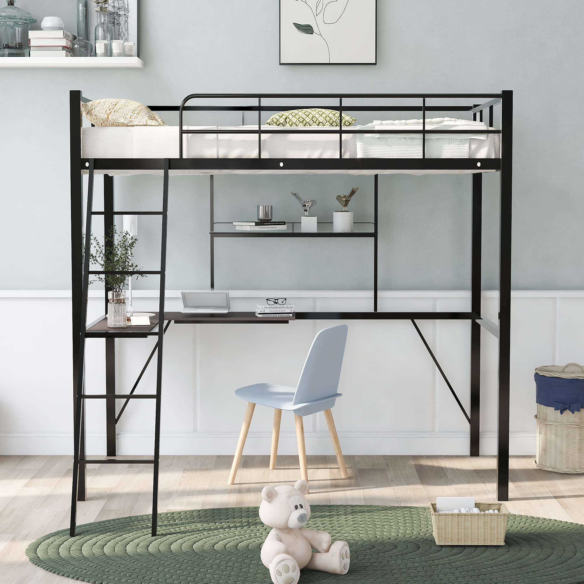 **Heavy Duty Twin Metal Loft Bed with Desk & Shelves - Sturdy Black Loft Bed Frame for Kids, Teens & Adults - Includes 2 Ladders & Safety Guard Rails - Perfect for Small Spaces, Dorms & Apartments**