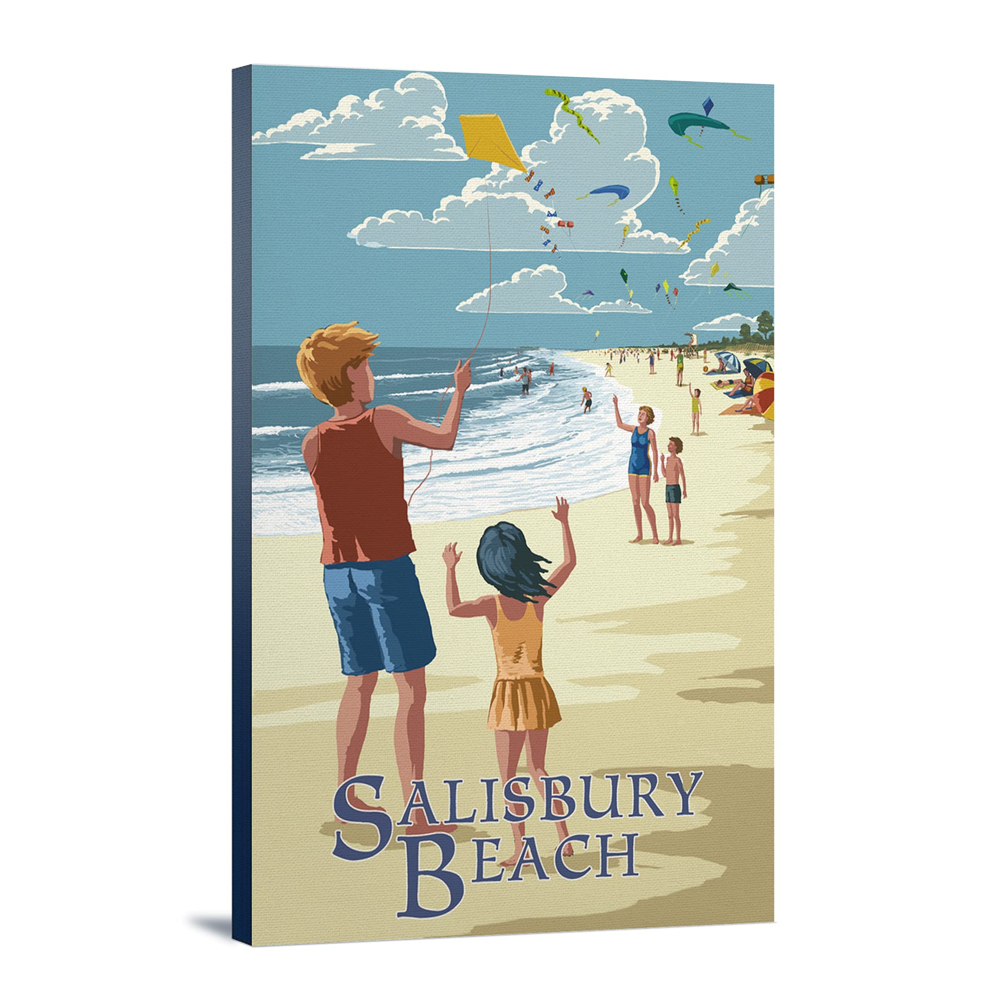 Salisbury Beach Massachusetts Kite Flyers - 24x36 Gallery Wrapped Canvas Wall Art - Perfect for Living Room, Bedroom & Office Decor