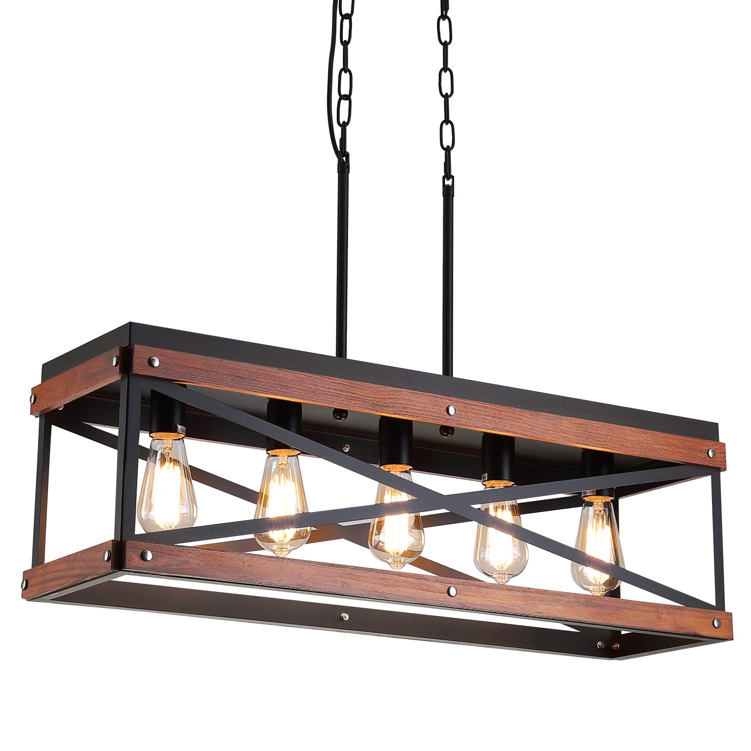 Rustic Farmhouse Kitchen Island Lighting - Wood & Metal Linear Chandelier with 5 Lights - Industrial Pendant Light Fixture for Kitchen, Dining Room, Living Room - Black - Perfect for Farmhouse Decor & Open Concept Spaces
