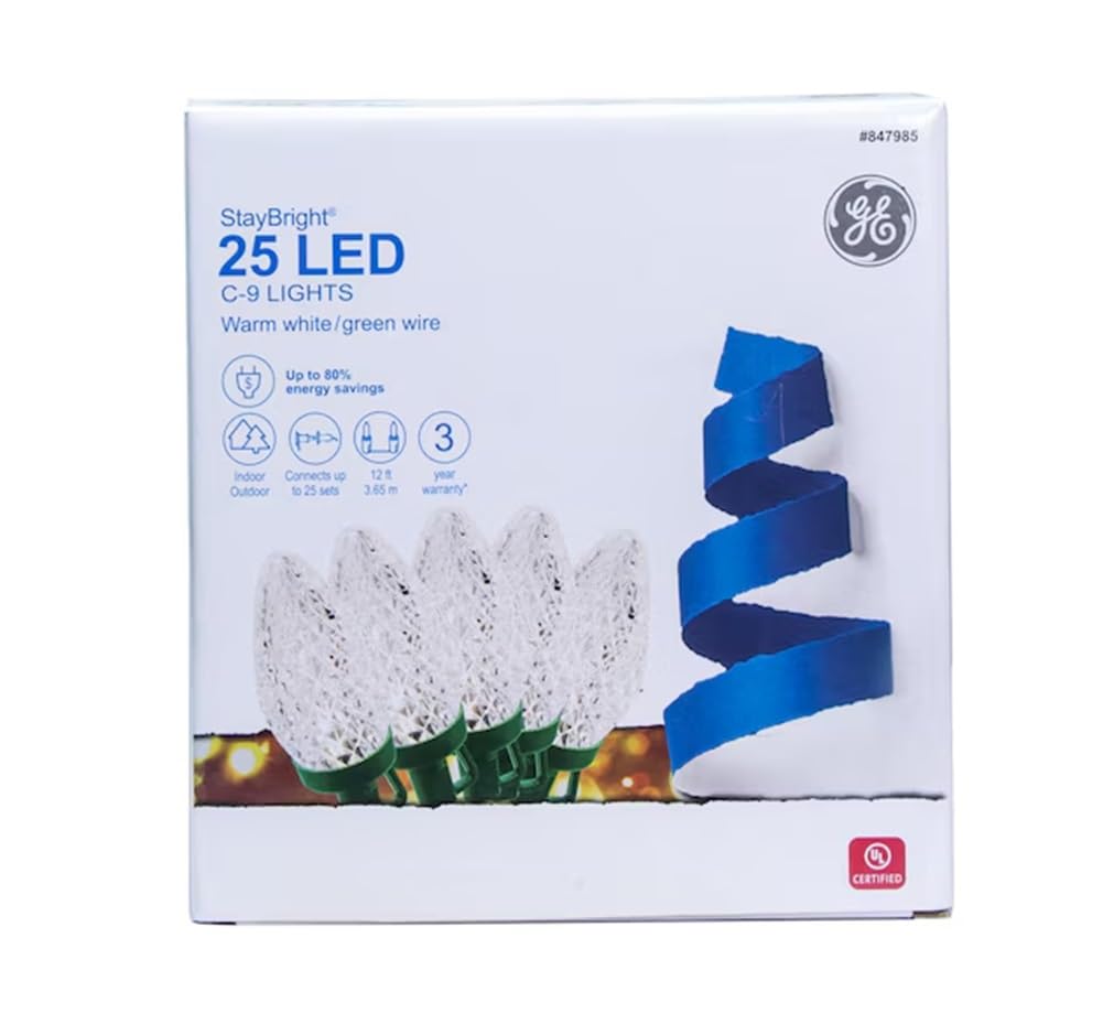 25 LED C-9 Warm White Christmas Lights for Outdoor Roof, House, and Holiday Decorations