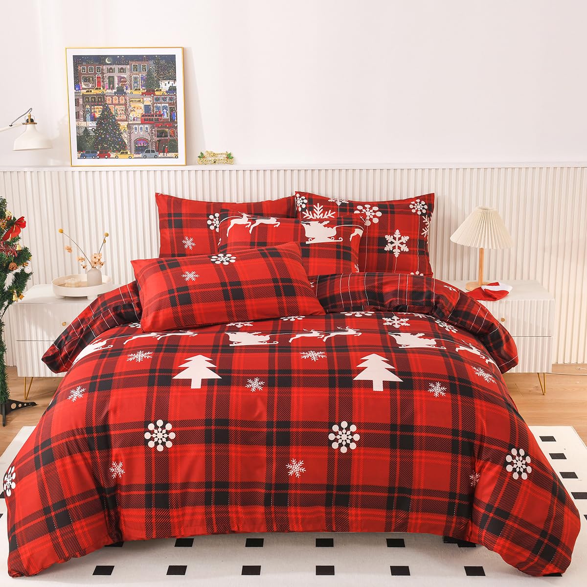 Mengersi King Size Christmas Duvet Cover Set - Festive Christmas Tree Snowflake & Plaid Check Print Comforter Cover - Holiday Bedding for Xmas Decorations & New Year Gifts - Perfect for Winter Bedroom Decor & Seasonal Home Styling