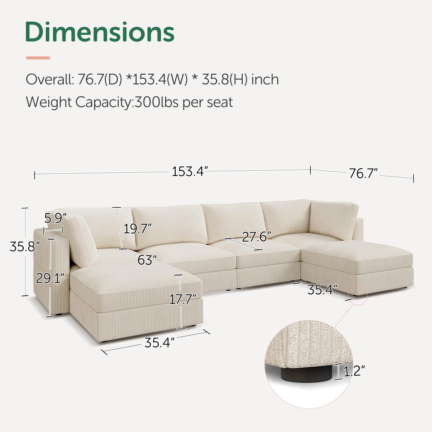 HONBAY U-Shaped Modular Sectional Sofa with Storage & Chaise - Corduroy Fabric Living Room Couch in Beige | Perfect for Small Spaces, Apartments & Family Movie Nights