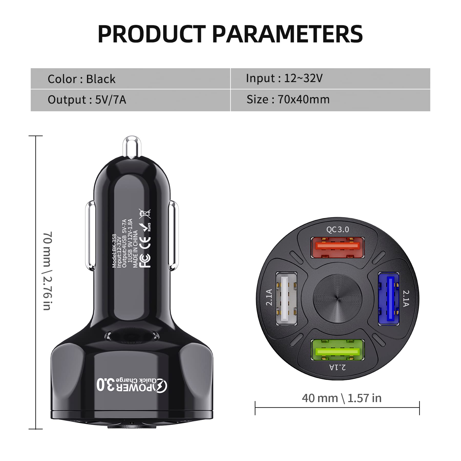Amiss QC3.0 4-Port USB Car Charger Adapter - Fast Charging for iPhone, Samsung, Android Devices - Black Car Accessory for Road Trips, Commuting & Travel