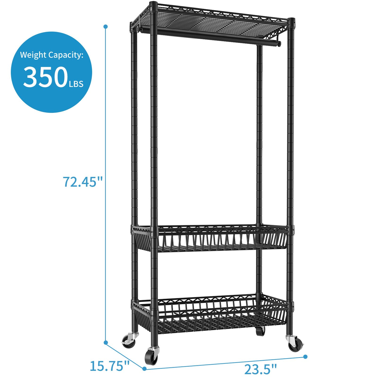 Heavy Duty Rolling Garment Rack - Adjustable Wire Shelving Clothing Organizer with Hanger Hooks & Double Baskets | Freestanding Metal Wardrobe Storage for Closet, Laundry Room, or Retail Store Use