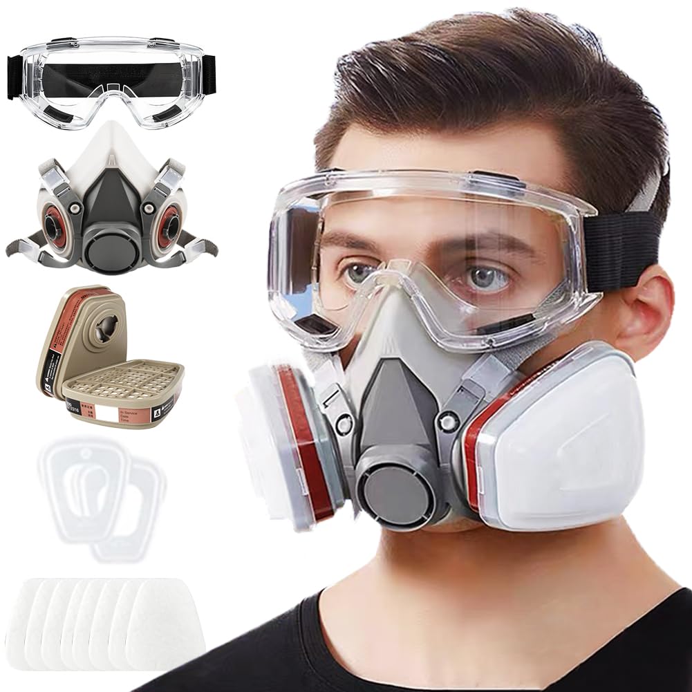 UXLXLK 6200 Half Face Respirator Mask with Filters & Safety Glasses - Paint, Chemicals, Dust, Resin Protection for Sanding, Polishing, Spraying, Welding, Woodworking | Organic Vapor & Particle Filter for DIY Projects, Construction, Industrial Work
