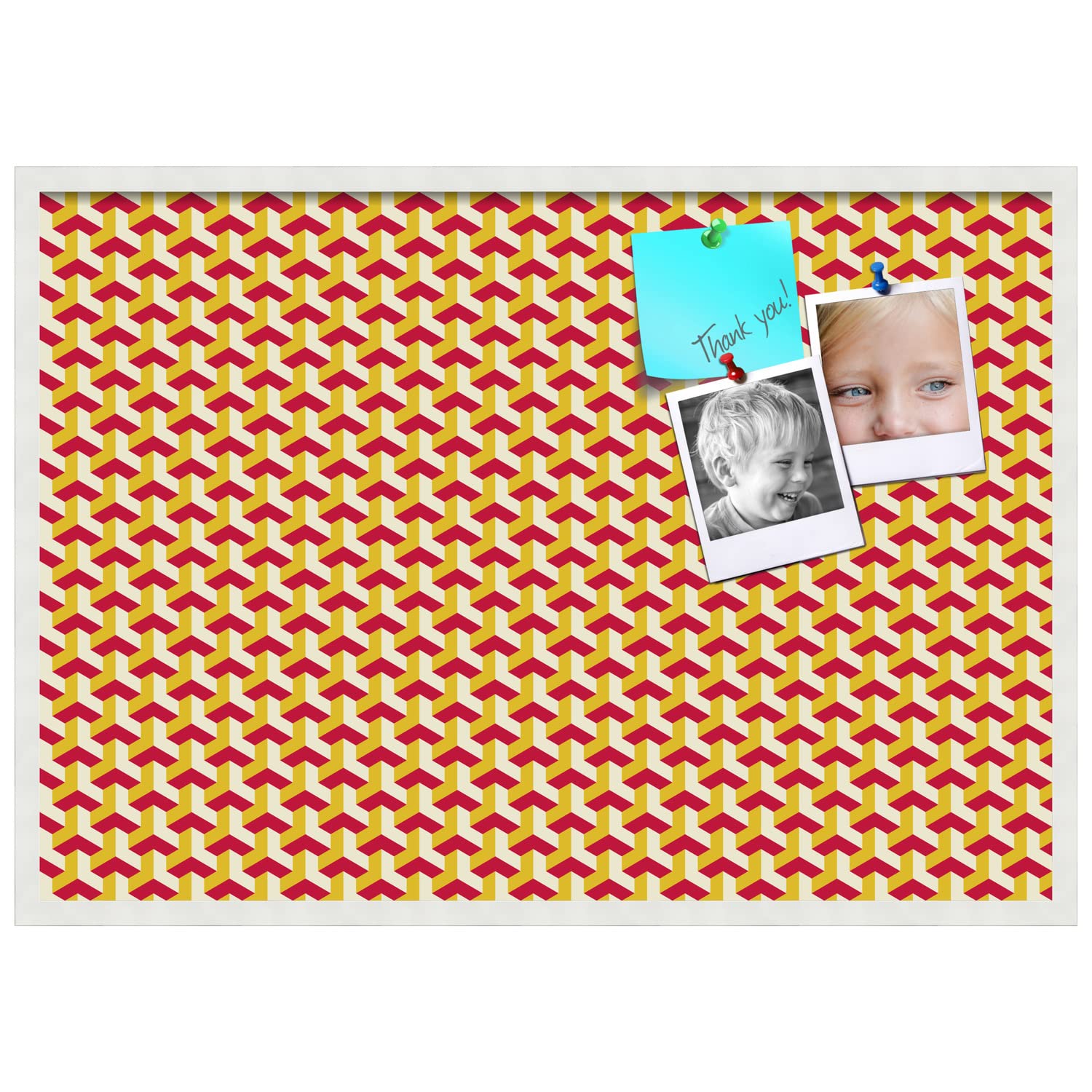 PinPix 40x28 Inch Cork Bulletin Board with Red Gold Design & Satin White Frame - Decorative Framed Pin Board for Home Office School Decor - Perfect for Wall Organization, Memo Display, and Creative Inspiration