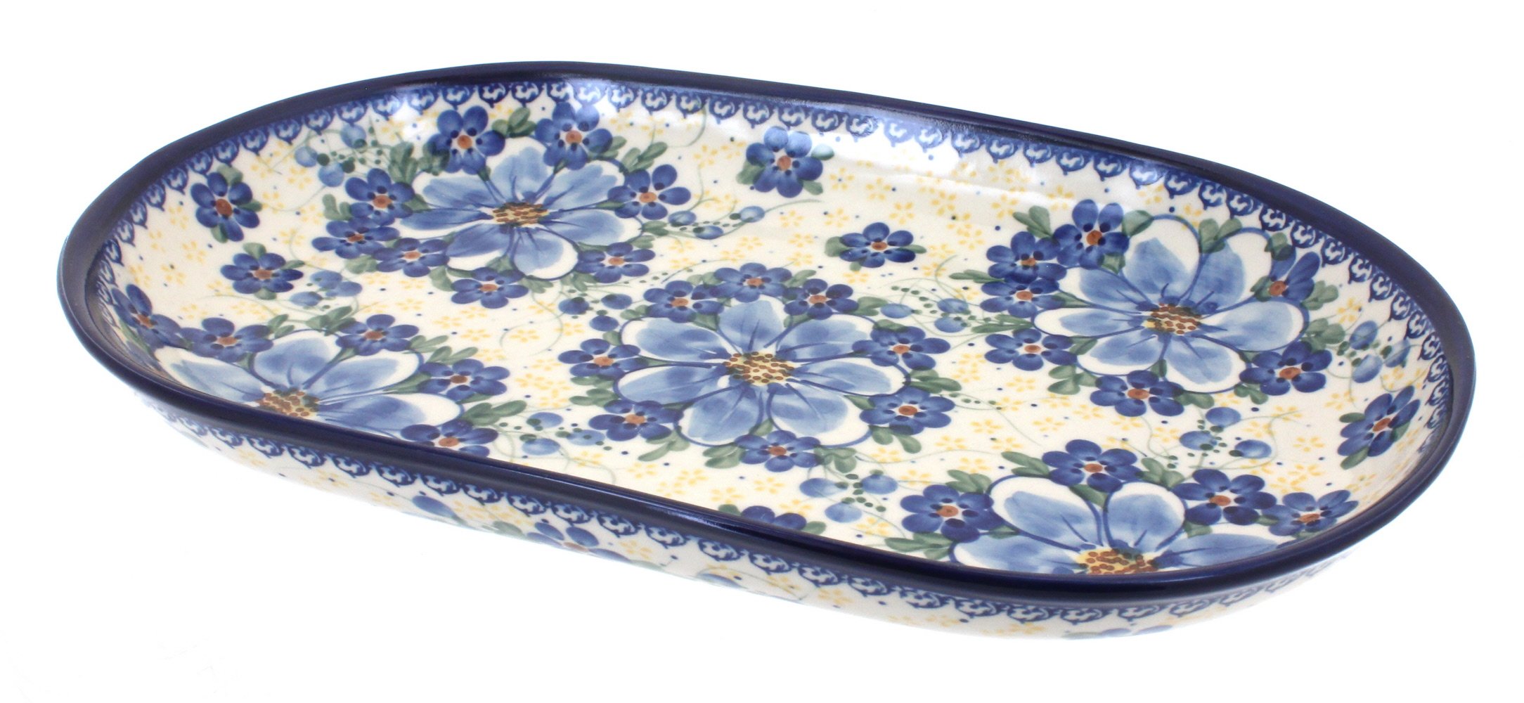 Handmade Blue Rose Polish Pottery Daisy Surprise Large Oval Dish - Elegant Serving Platter for Dinner Parties & Home Decor