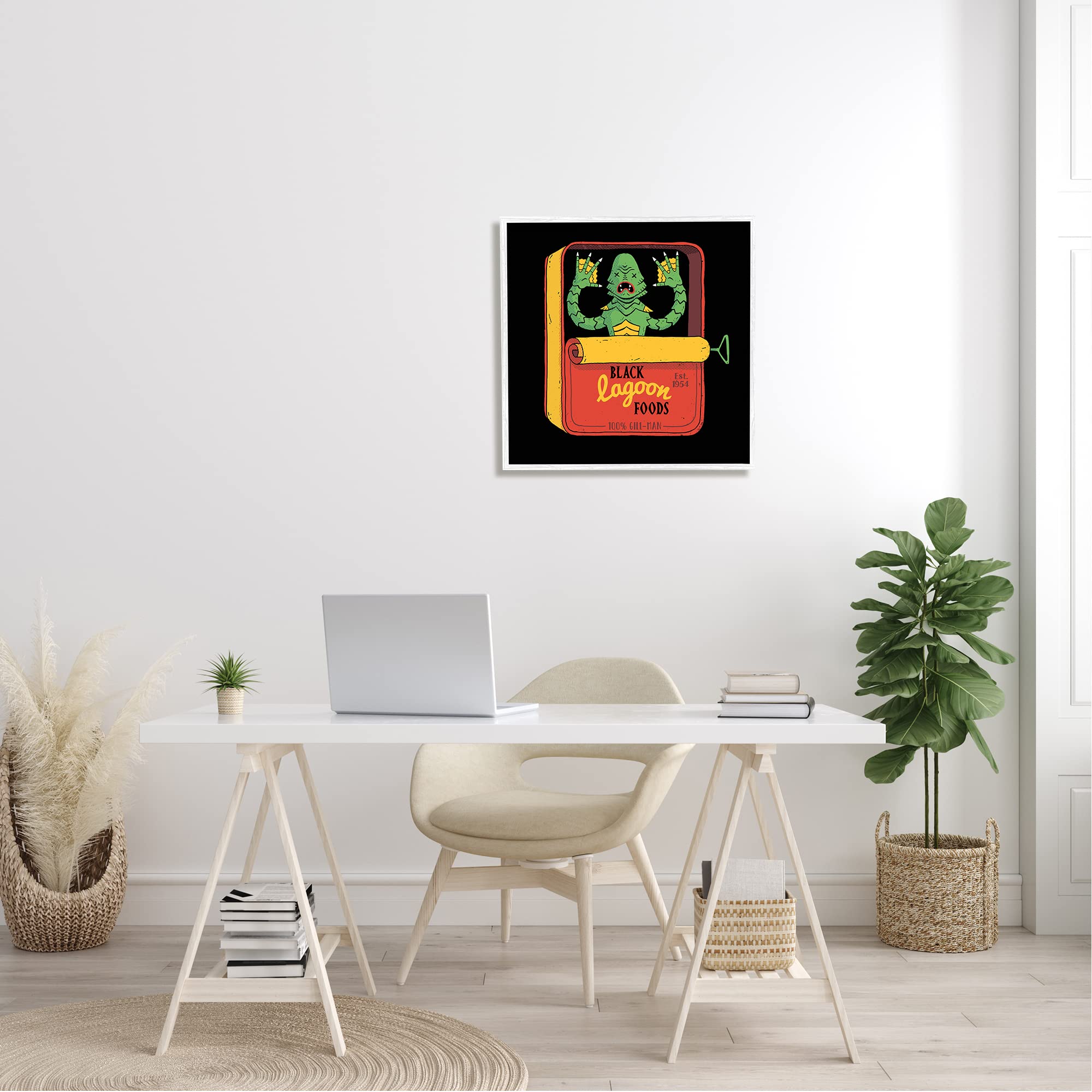Stupell Industries Black Lagoon Creature Novelty Tuna Can Art Print - Designed by Michael Buxton - Unique Home Decor for Horror Fans & Pop Culture Enthusiasts
