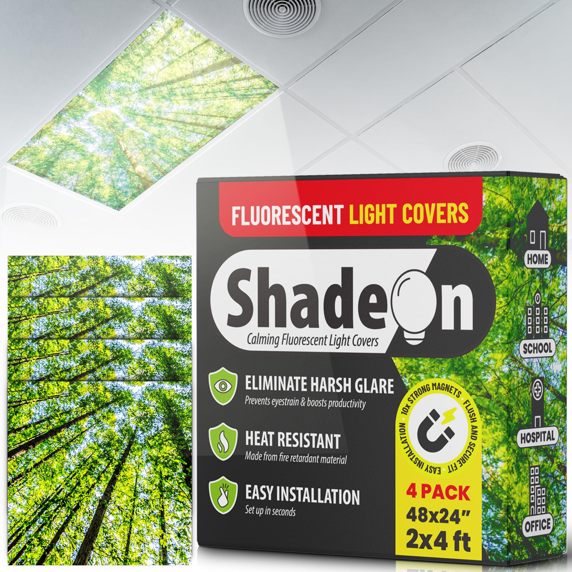 Fluorescent Light Covers for Ceiling Lights (4-Pack) - 2x4 ft Magnetic Office & Classroom Lighting Panels - Dimmable Forest Canopy Design - Reduce Glare & Eye Strain for Schools, Hospitals & Workspaces