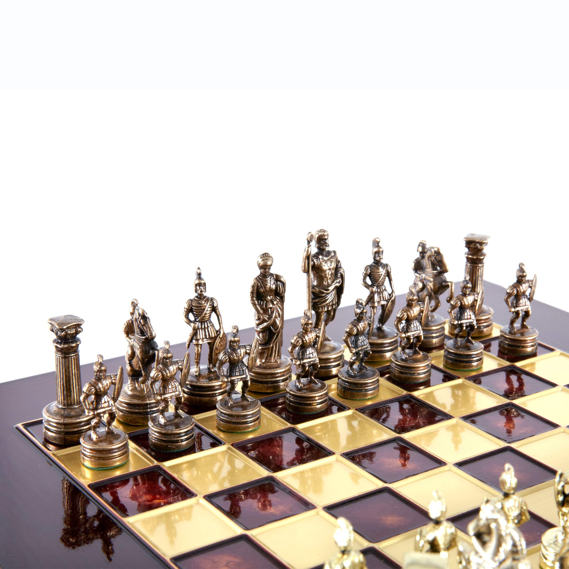 Greek Roman Army Chess Set - Brass & Copper Pieces with Red Wooden Board - Perfect for Collectors, Home Decor, and Strategy Game Lovers