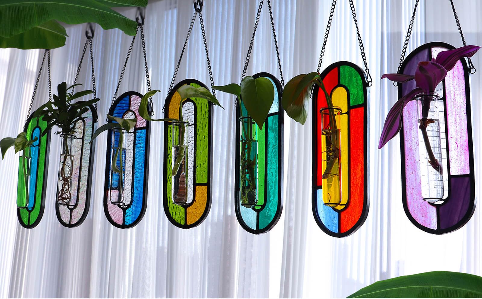 LITMIND Stained Glass Plant Propagation Station - Hanging Hydroponic Planter Terrarium with 2 Glass Tubes for Indoor Plants | Home & Garden Décor | Perfect for Windows, Balconies, and Office Spaces