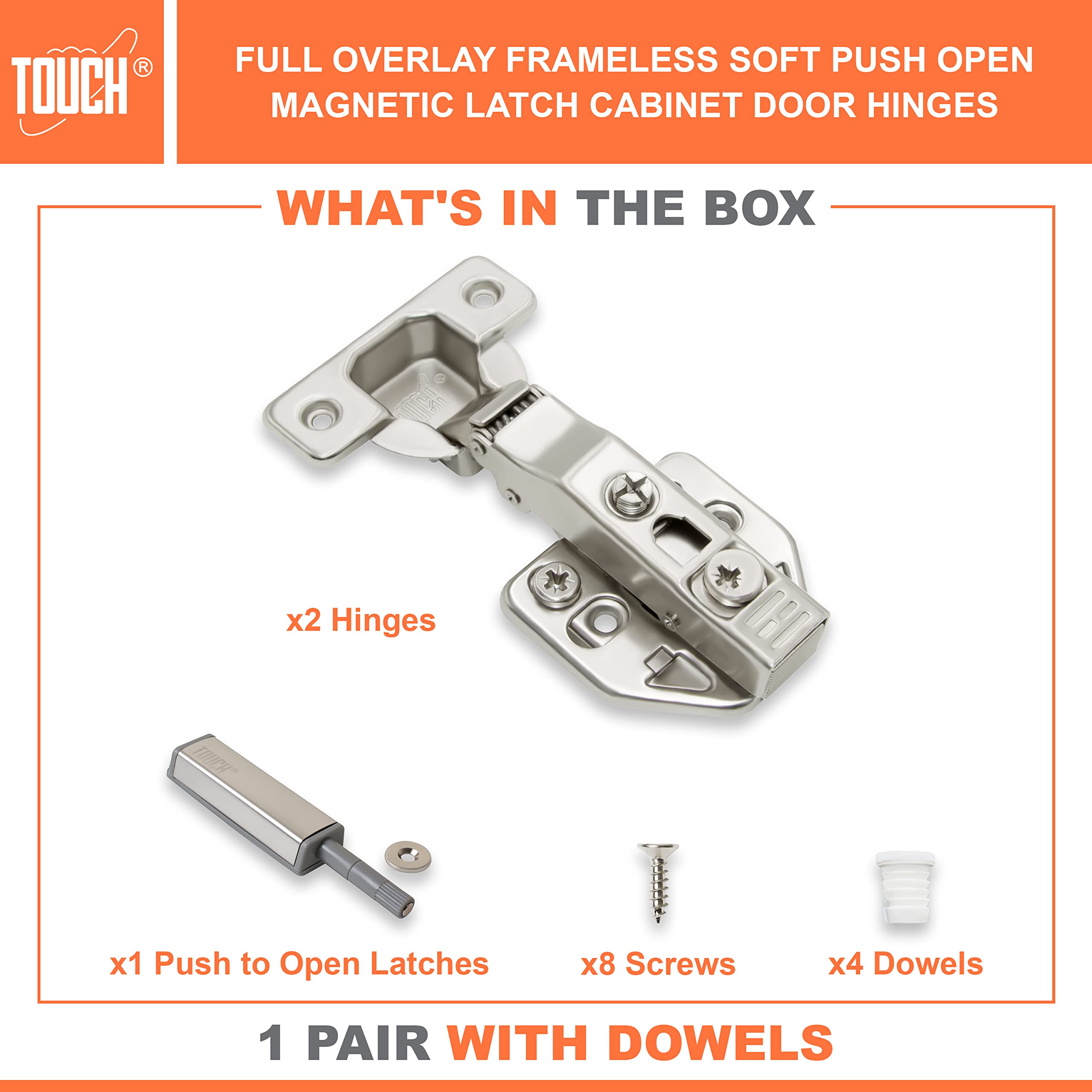 Soft Push to Open Cabinet Hinges (1 Pair) - 3D Adjustable Full Overlay Chrome Hinges with Magnetic Latch for Kitchen Cabinets, Wardrobes & Closets | Easy Installation with Dowels | Perfect for Modern Home Organization & Space-Saving Storage Solutions