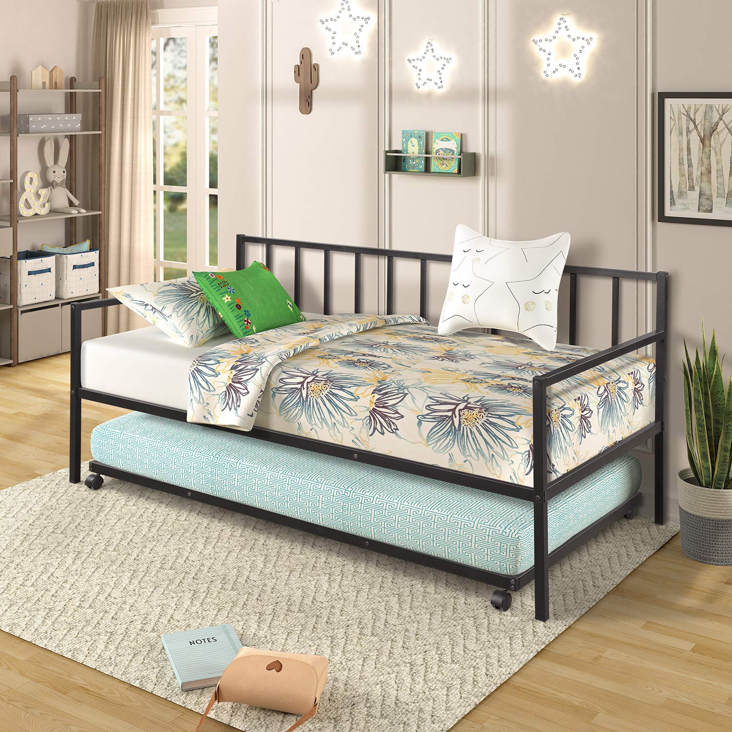 HuaZo Twin Daybed with Trundle - Sturdy Metal Frame Lounge Bed for Living Room, Guest Room & Small Spaces - Modern Sleeper Sofa Alternative for Apartments, Dorms & Home Offices