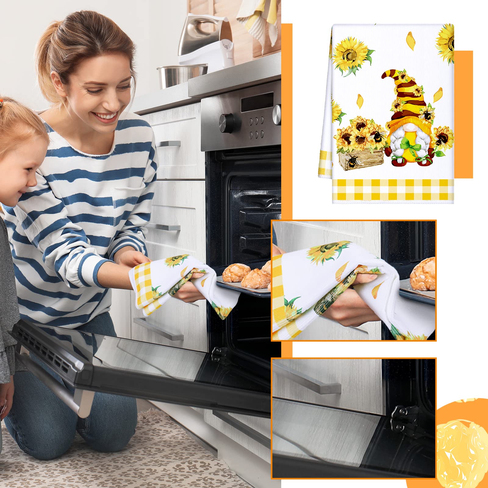 4-Piece Sunflower Kitchen Towels Set - Absorbent Gnome Dish Towels & Hand Tea Cloths, 16