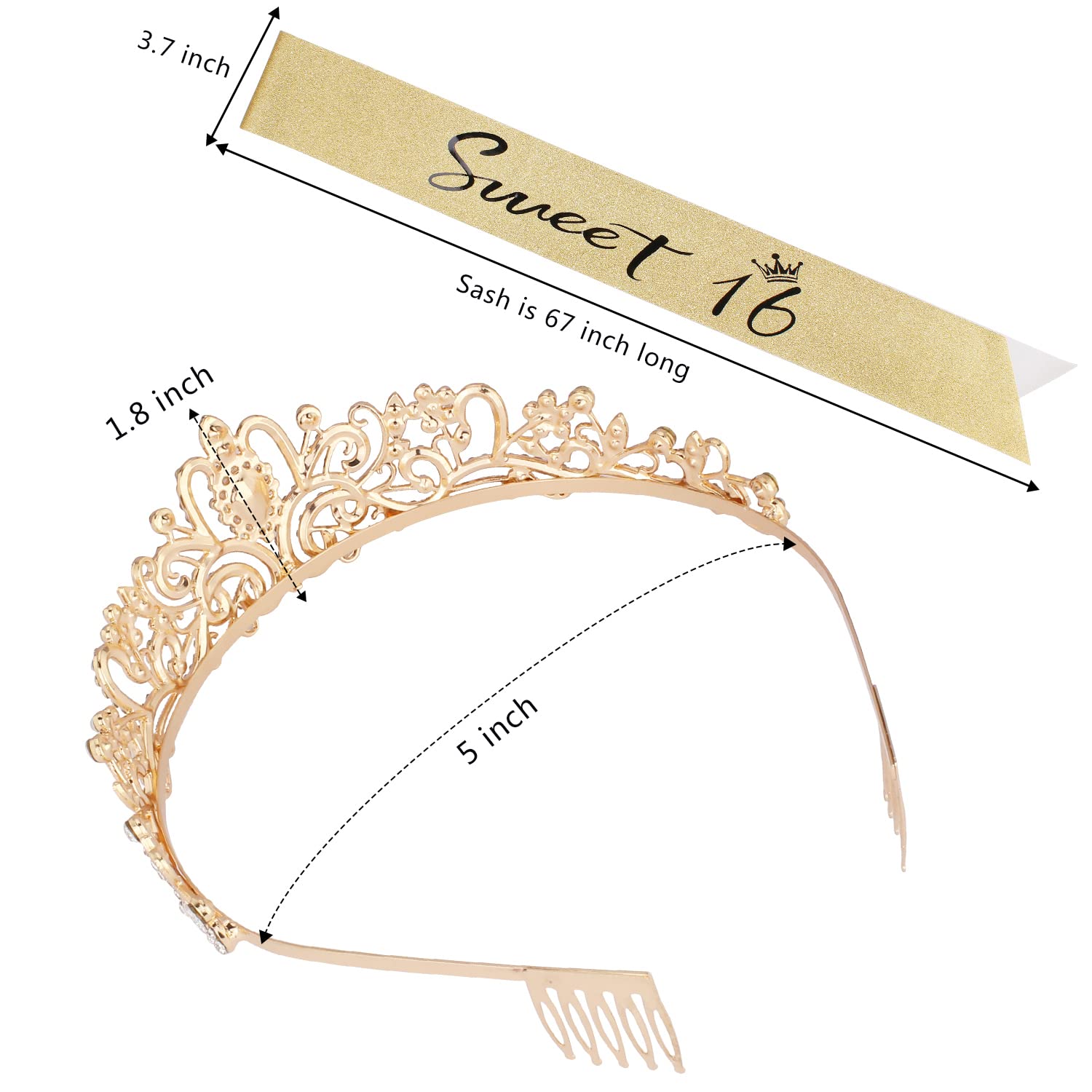 Gold Sweet 16 Birthday Tiara & Sash Set - Elegant 16th Birthday Crown for Women & Girls - Perfect Sweet 16 Party Decorations & Gifts - Great for Birthday Celebrations, Quinceañeras, and Special Milestone Events
