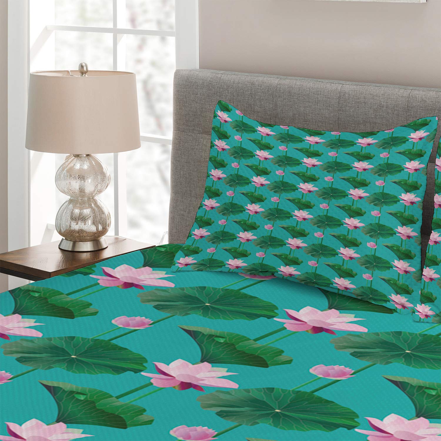 Ambesonne King Size 3-Piece Quilted Bedspread Set - Blue & Pink Lotus Flower Design with 2 Pillow Shams | Soft Decorative Coverlet for Master Bedroom, Guest Room & Dorm | Pale Green & Pink Floral Bedding