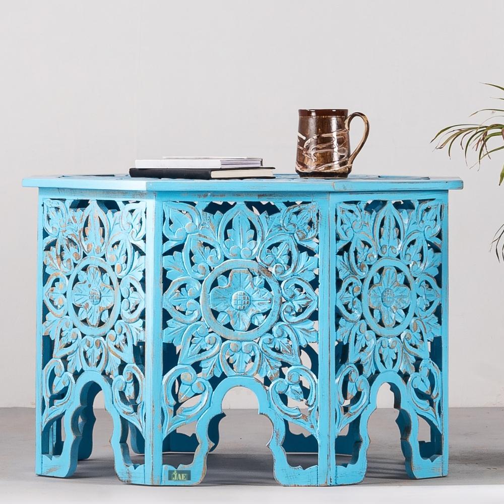 Handmade Carved Mango Wood Octagon Coffee Table - Blue Distressed Finish - Rustic Farmhouse Living Room Decor for Home & Office