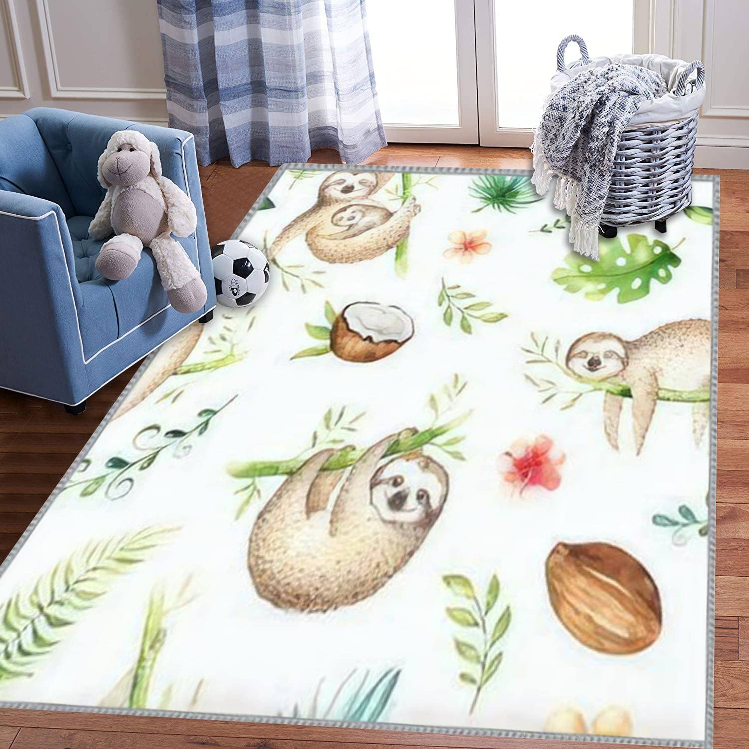 Soft Watercolor Sloth Baby Play Mat - 5x8 ft Extra Large Kids Rug for Nursery, Playroom & Bedroom - Non-Slip 3D Animal Carpet for Boys & Girls - Perfect for Learning, Crawling & Playtime Activities