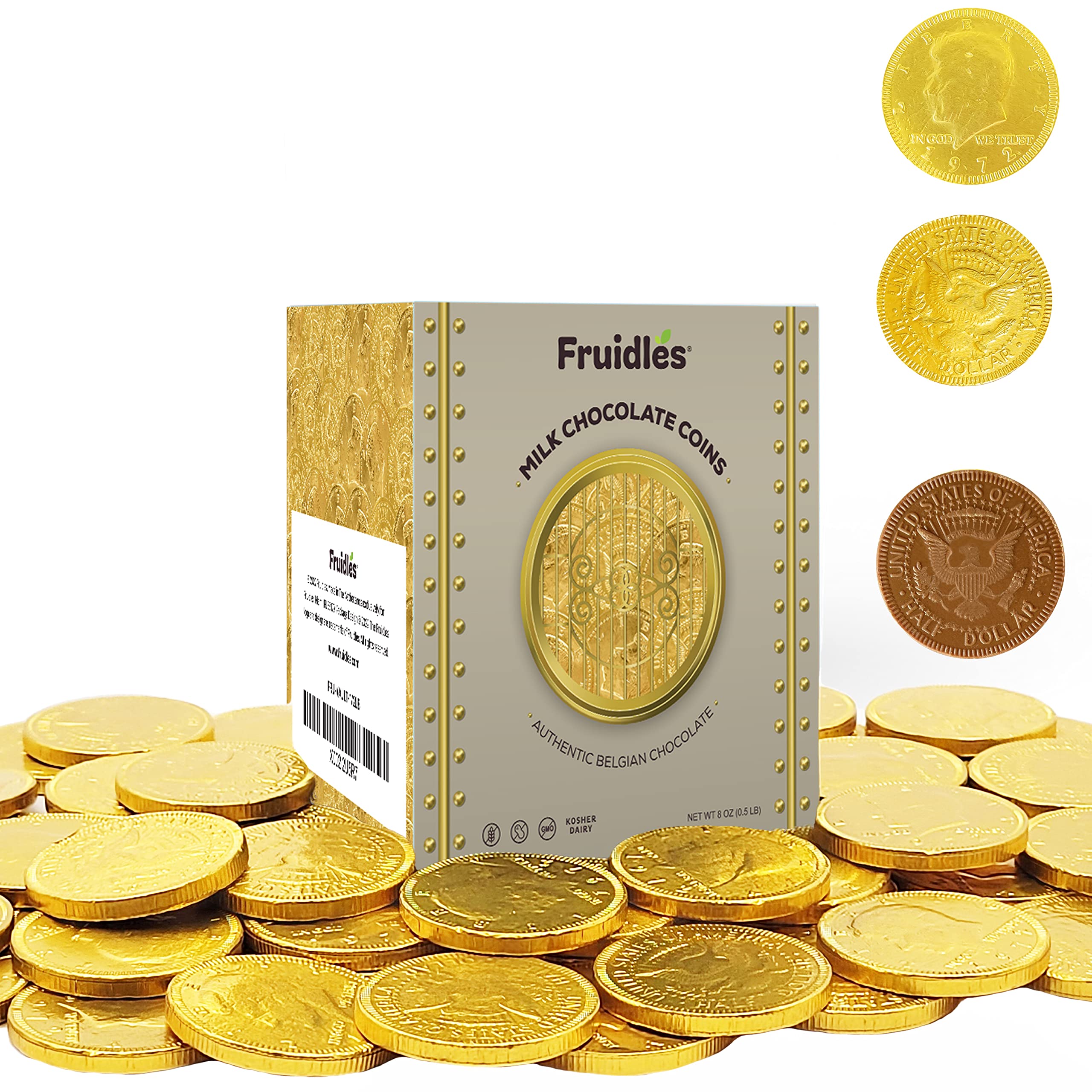Fruidles Milk Chocolate Coins - Gold Foil Wrapped Nut-Free Chocolate Coins - Bulk 40-Pack - Perfect for Birthday Parties, Halloween Treats & Christmas Stocking Stuffers