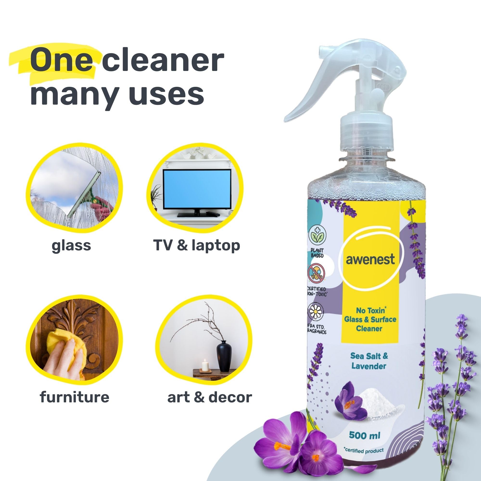 Awenest Organic Plant-Based Glass & Multipurpose Cleaner Concentrate Refill with Sea Salt & Lavender | All-Purpose Cleaner for Windows, Mirrors, Kitchen, Bathroom | Eco-Friendly Stain Remover | Perfect for Homes, Offices & Commercial Use (500ml)