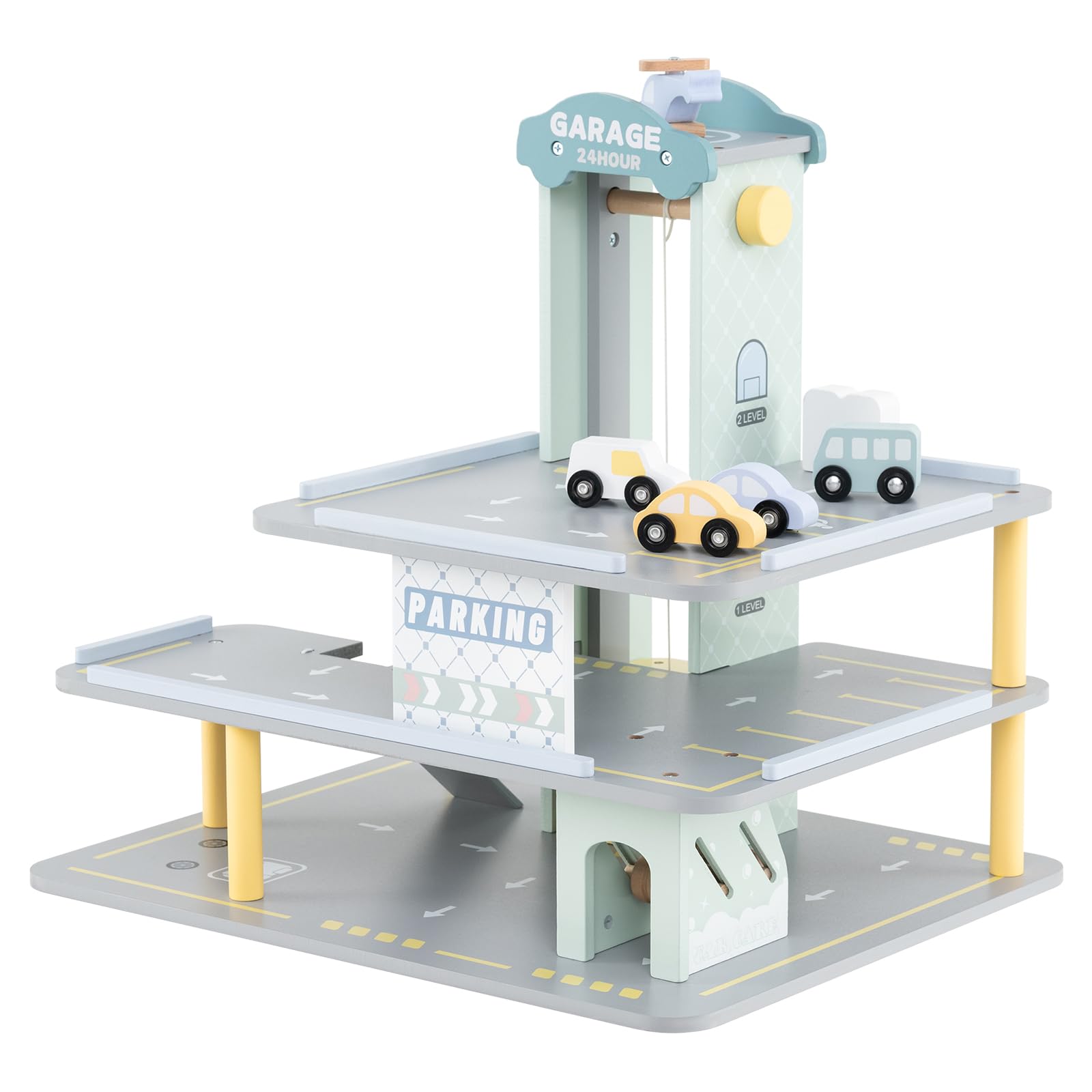 Costzon Multi-Level Wooden Toy Car Garage with 4 Cars, Helicopter & Working Elevator - Kids Parking Garage Playset with Gas Station, Charging Station & Ramps - Pretend Play Gift for Toddlers & Children Ages 3+ - Perfect for Imaginative Play, Birthday Gifts & Preschool Learning Activities