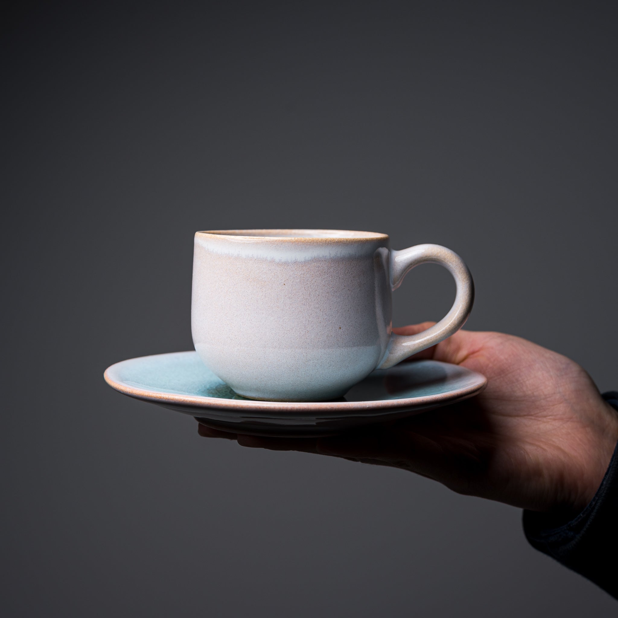 Tenryu Kiln Hagi Ware Pair Cup and Saucer - Handmade Japanese Ceramic Tea Set in Sparkling Blue (Sora Iro) - Perfect for Matcha, Coffee or Gift Giving