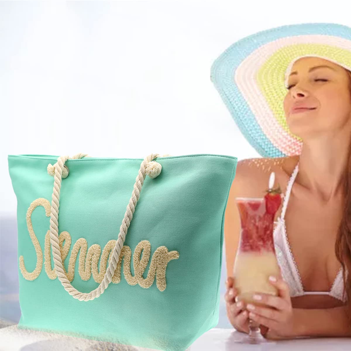 Large Beach Tote Bag for Women with Zipper - Waterproof Summer Beach Bag, Spacious Shoulder Handbag for Pool, Travel & Shopping - Perfect for Beach Vacations, Gym & Weekend Getaways