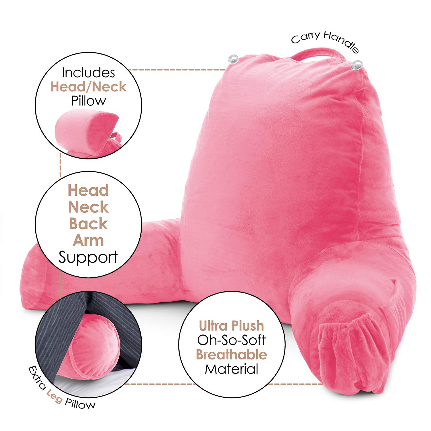 Nestl Large Reading Pillow with Shredded Memory Foam - Back Support Pillow for Sitting in Bed, Armchair or Sofa - Light Pink Bed Rest Pillow with Pockets - Perfect for Reading, Watching TV, or Relaxing in Bed