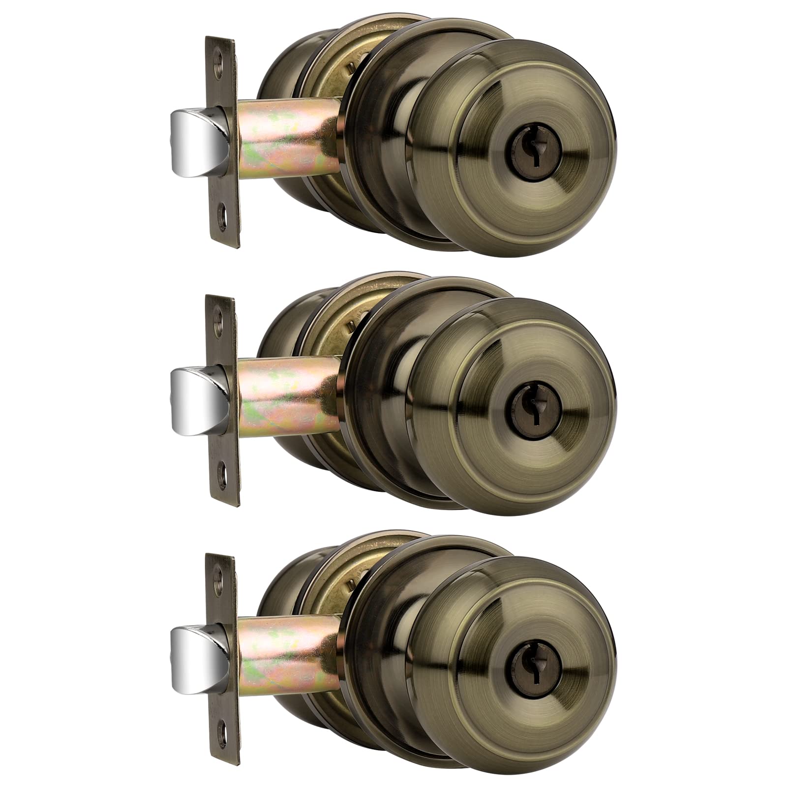 **Probrico 3-Pack Antique Brass Entry Door Knobs with Key & Lock - Keyed Alike Front Door Handles for Right/Left Doors - Secure Combo Locks for Home, Office & Apartment**
