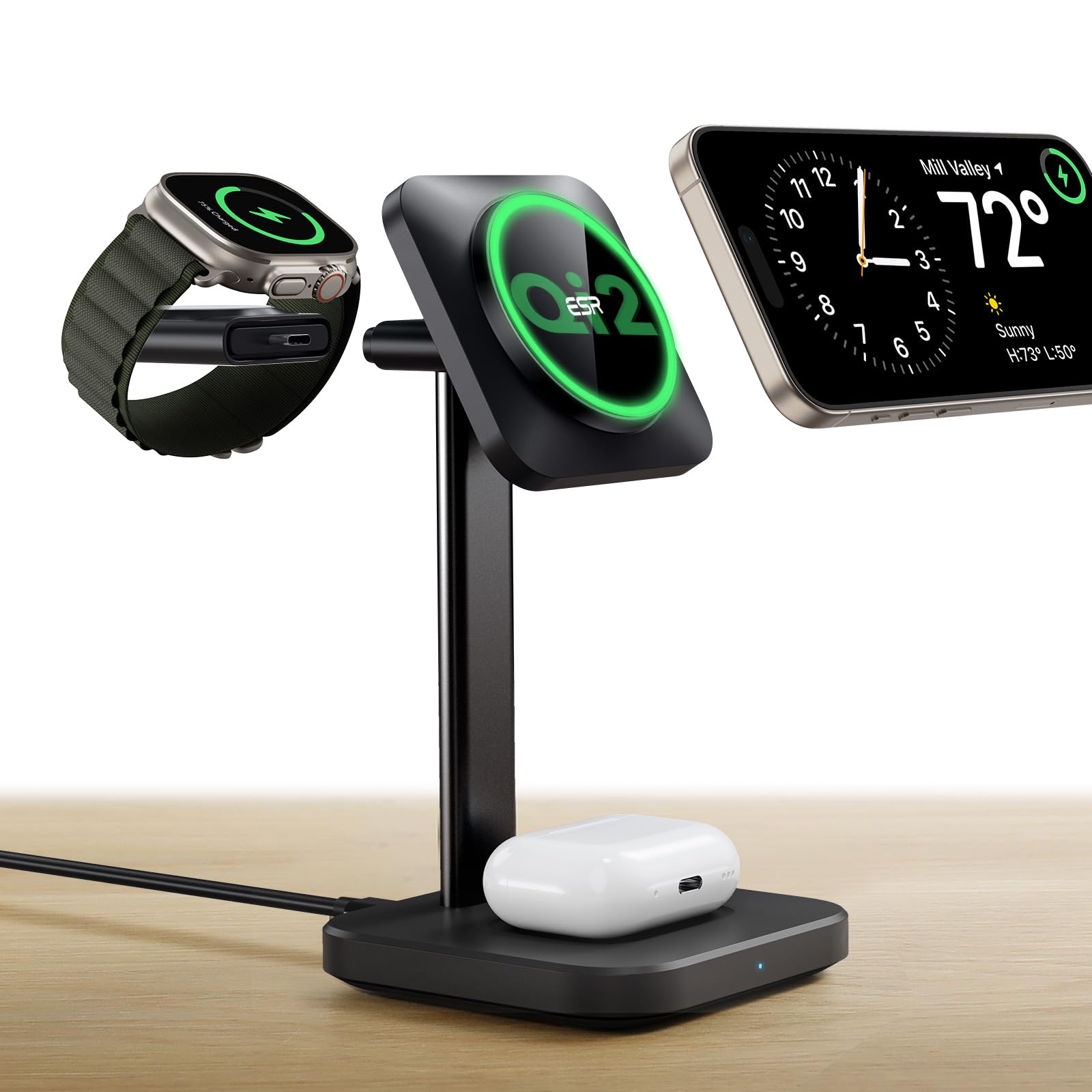 ESR Qi2 Certified 3-in-1 Wireless Charging Station - 15W MagSafe Charger Stand for iPhone 16/15/14/13/12 Series, Apple Watch Charger & AirPods 4/3/Pro - Fast Wireless Charging for Multiple Devices - Perfect for Home, Office & Nightstand Use (Black)