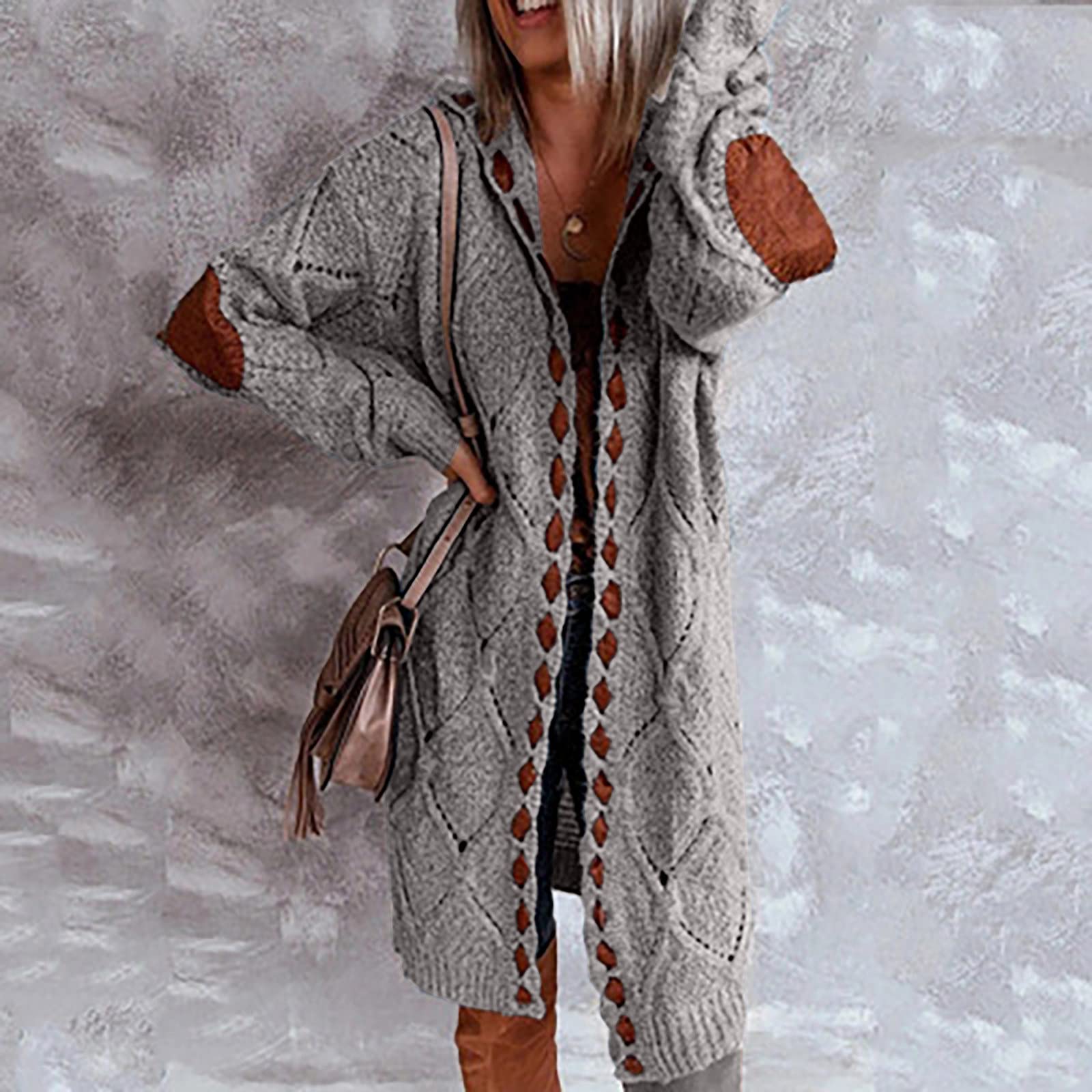 Women's Long Chunky Cardigan - Lightweight Knit Sweater with Elbow Patches & Hood - Cozy Fall & Winter Fashion for Office, Travel & Casual Outfits