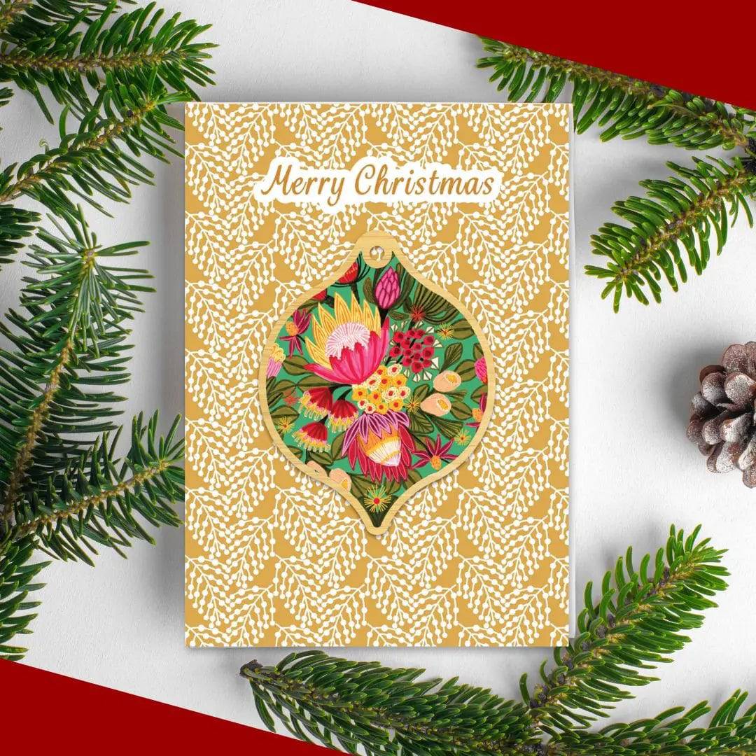 King Proteas Christmas Card & Wooden Ornament Set - Handcrafted Holiday Greeting Cards with Floral Design - Perfect for Christmas Decorations, Gift Giving and Holiday Celebrations
