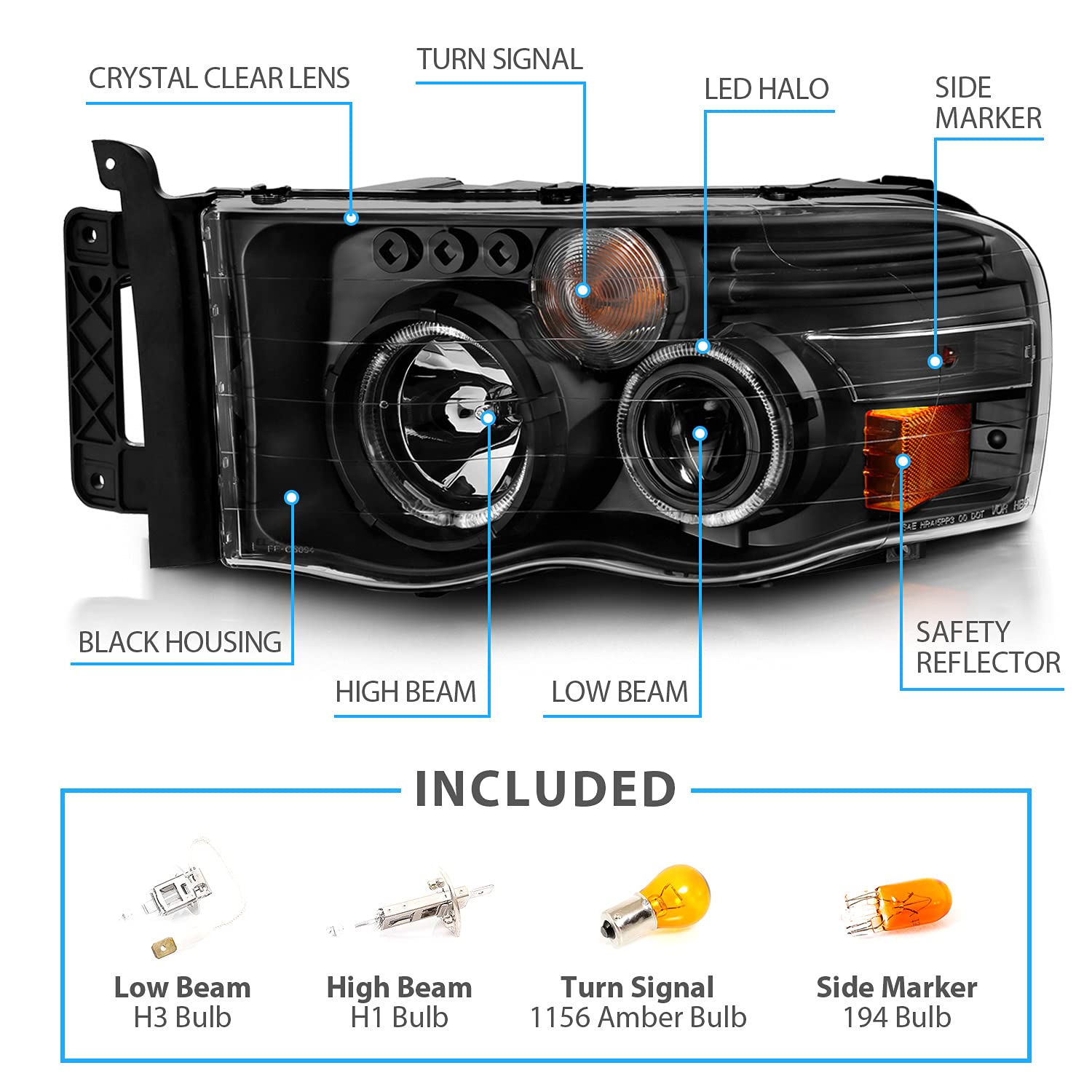 AmeriLite Black Dual LED Halo Rings Projector Headlights Replacement Pair for 2002-2005 Dodge RAM 1500 2500 3500 Truck - Driver & Passenger Side | High Visibility Night Driving & Off-Road Use