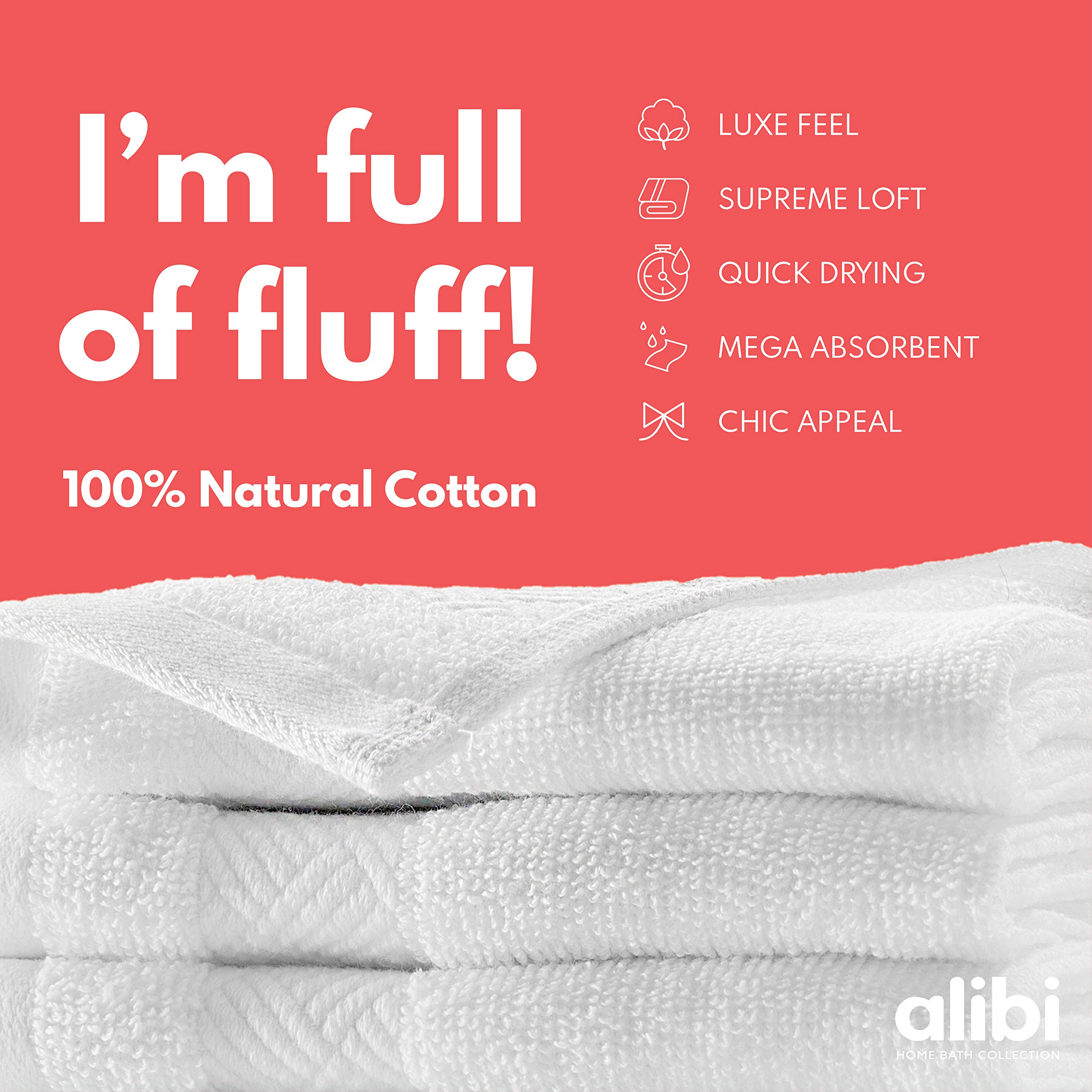 Alibi Washcloth Face & Body Towel Set - 12 Pack Soft & Absorbent 13”x13” Luxury Cotton Small Towels | Thick Plush Bath Towels with Decorative Stripe & Woven Border | Machine Washable for Home, Hotel & Spa Use | Perfect for Skincare, Baby Care & Travel Essentials | White
