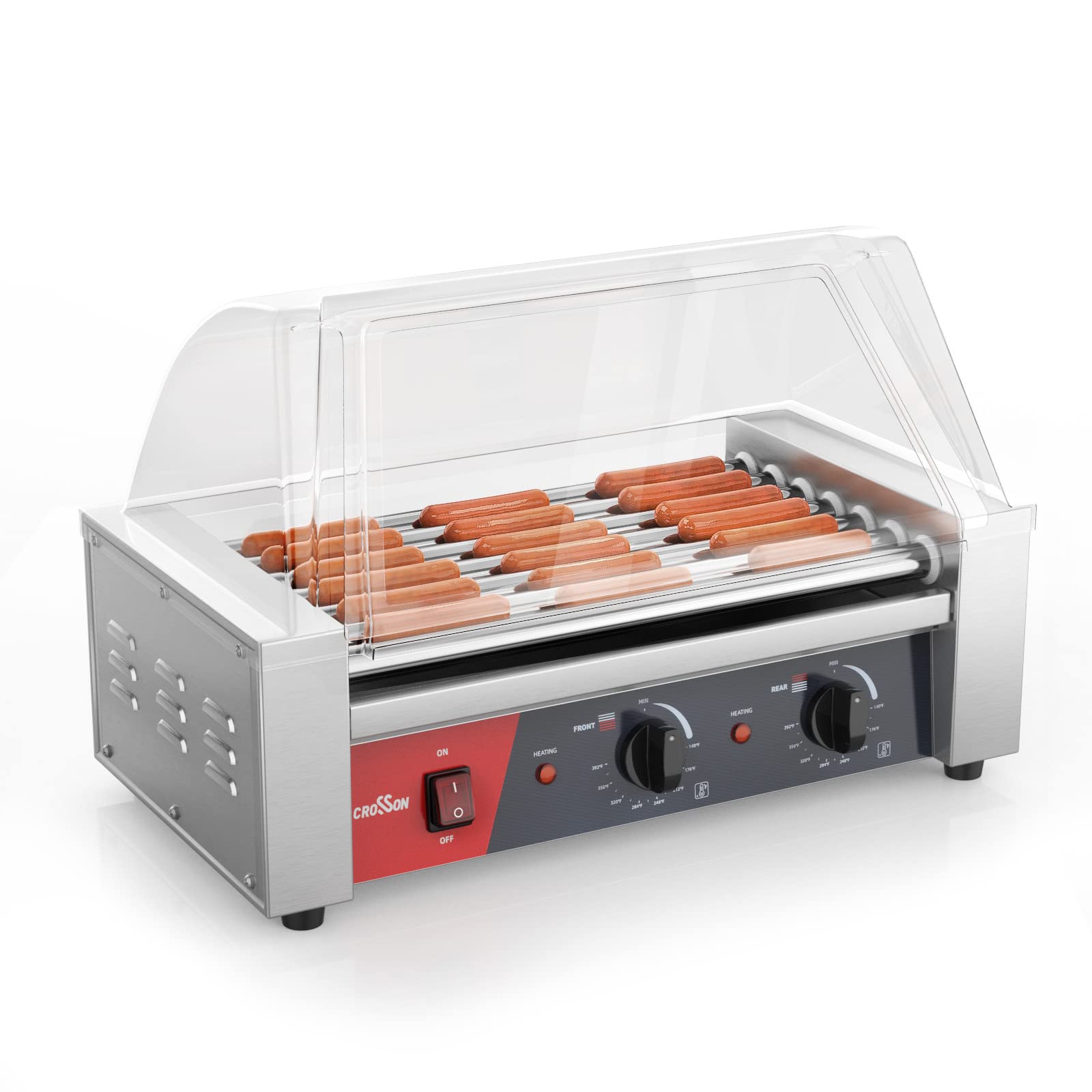 Commercial Hot Dog Cooker Machine - 7 Roller Grill with Transparent Sneeze Guard, Nonstick 304 Stainless Steel Rollers & Dual Temperature Control (120V, 1050W) for Restaurants, Food Trucks, and Convenience Stores